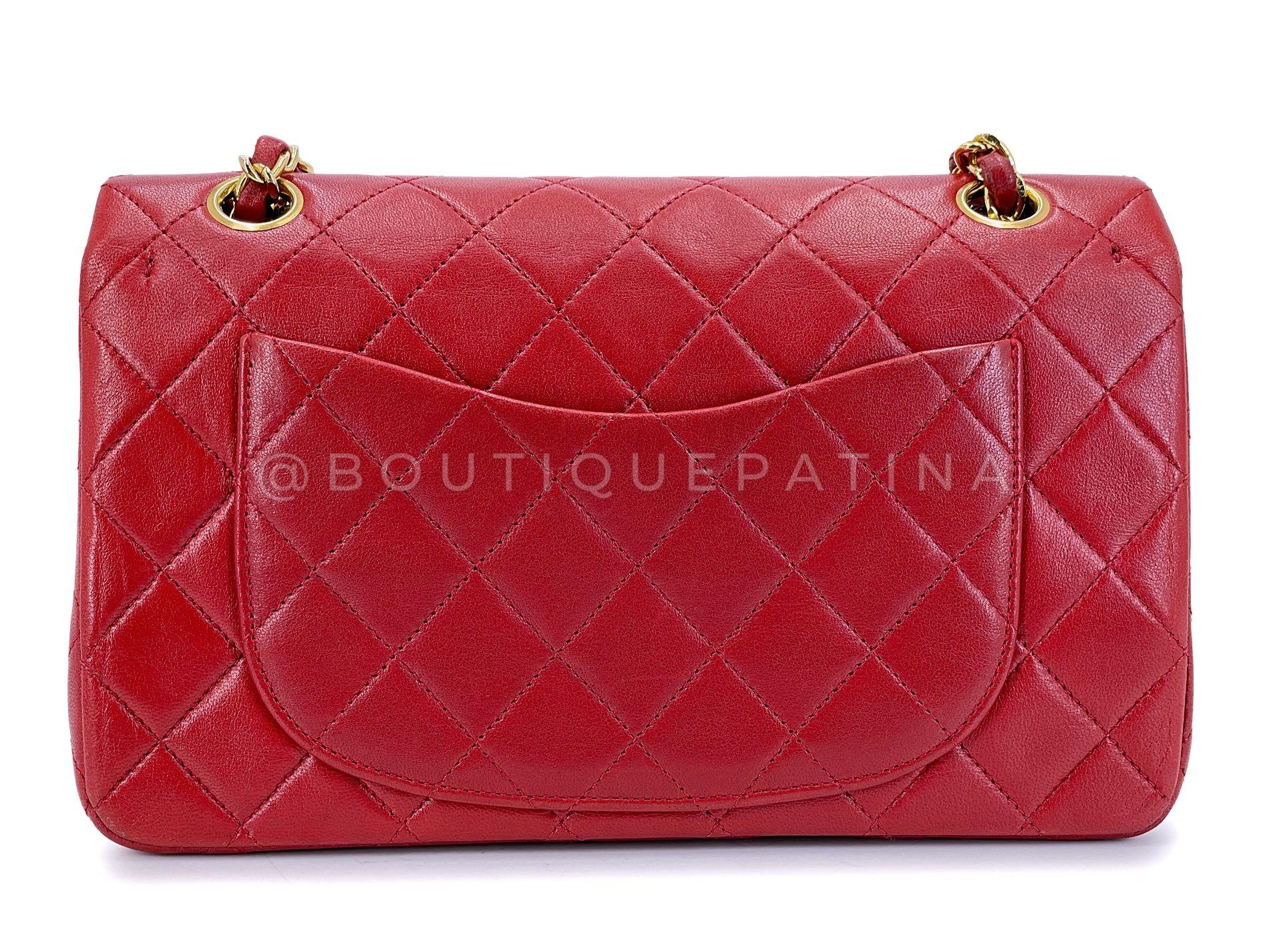 Women's Chanel 1988 Vintage Red Small Classic Double Flap Bag 24k GHW Lambskin 68032 For Sale