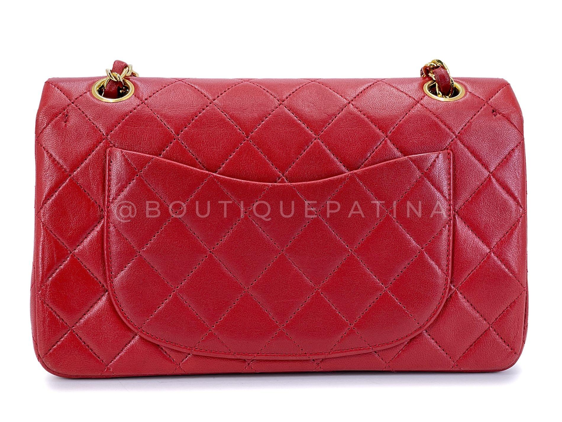 Women's Chanel 1988 Vintage Red Small Classic Double Flap Bag 24k GHW Lambskin 68032