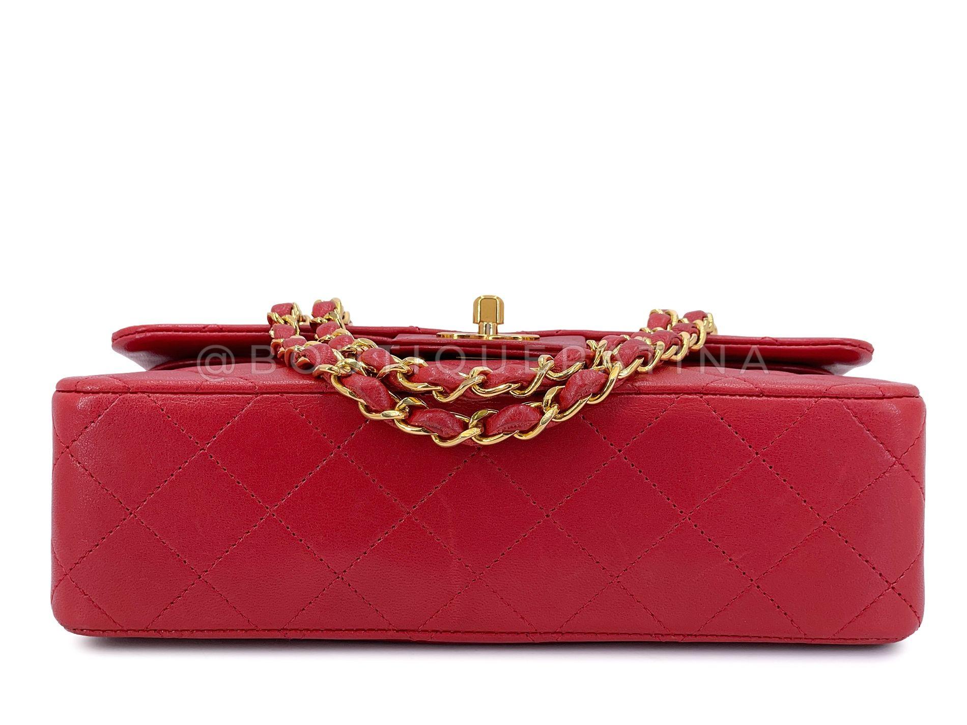 Chanel 1988 Vintage Red Small Classic Double Flap Bag 24k GHW Lambskin 68032 For Sale 1