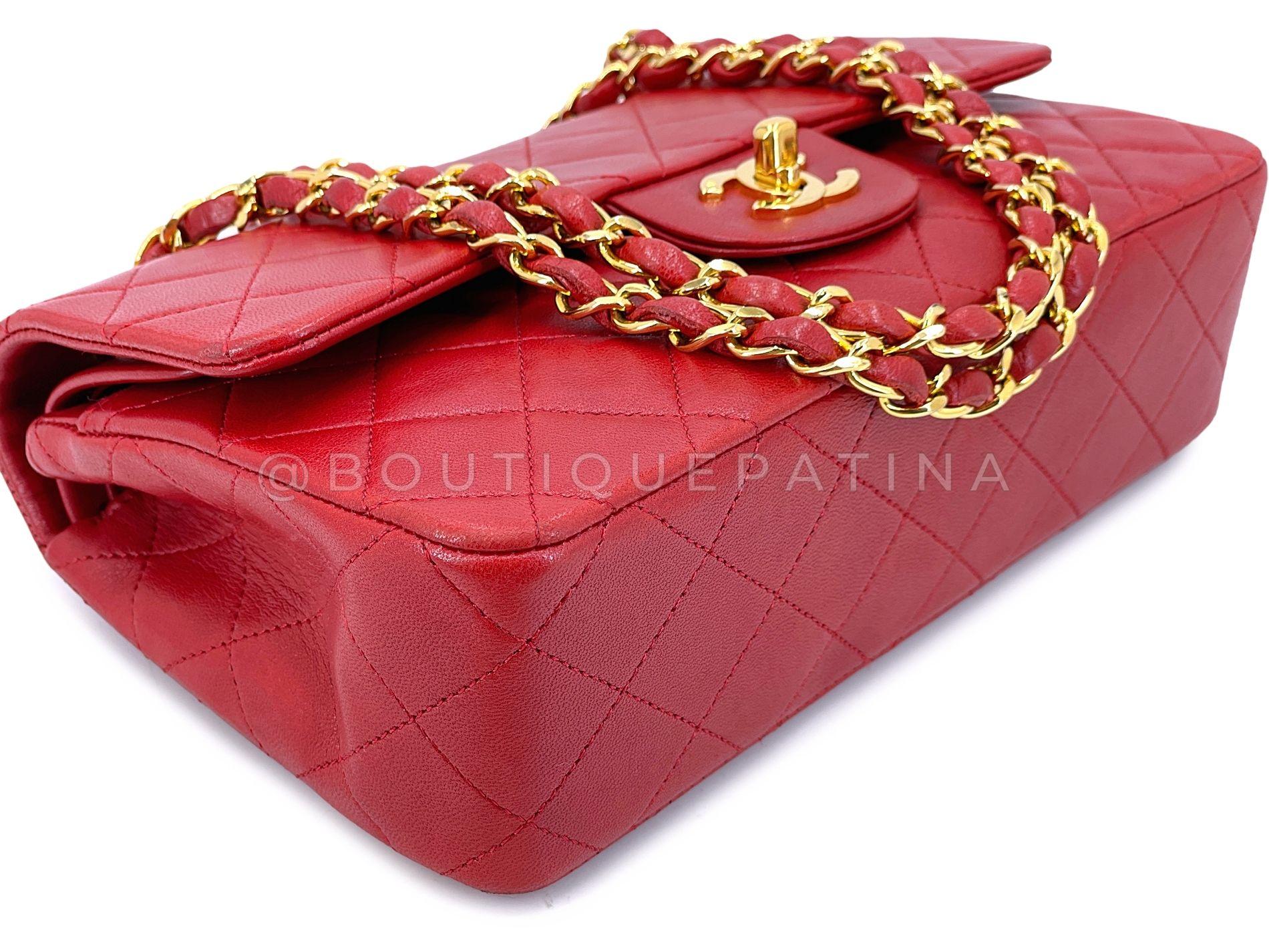 Chanel 1988 Vintage Red Small Classic Double Flap Bag 24k GHW Lambskin 68032 For Sale 2