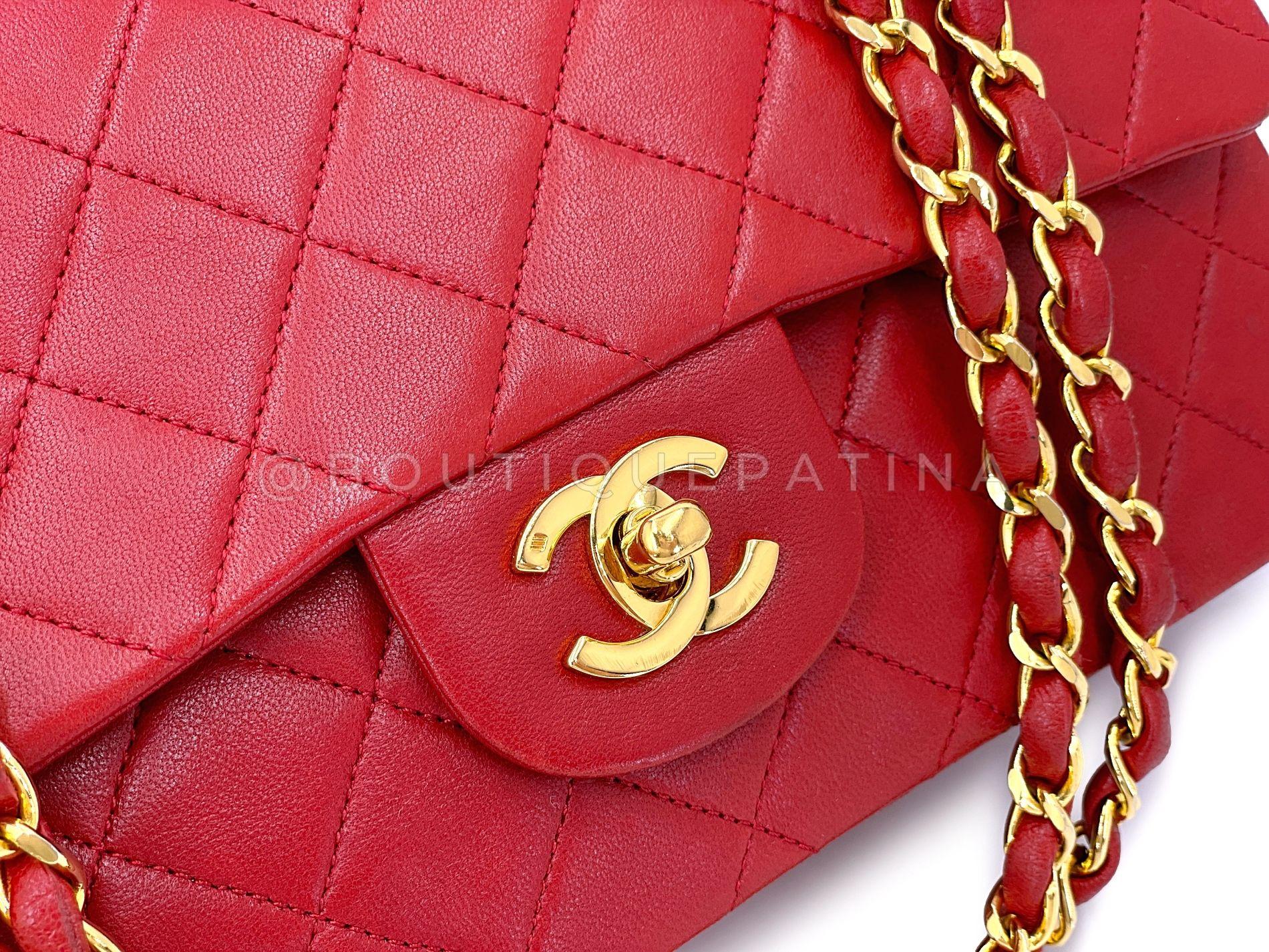 Chanel 1988 Vintage Red Small Classic Double Flap Bag 24k GHW Lambskin 68032 For Sale 3