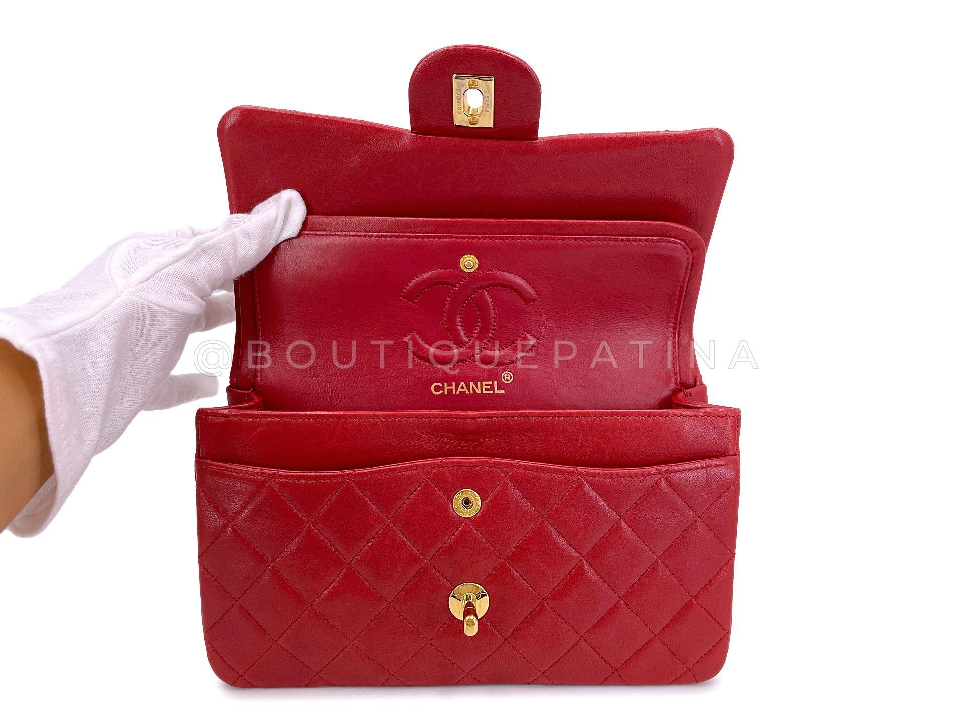 Chanel 1988 Vintage Red Small Classic Double Flap Bag 24k GHW Lambskin 68032 For Sale 4