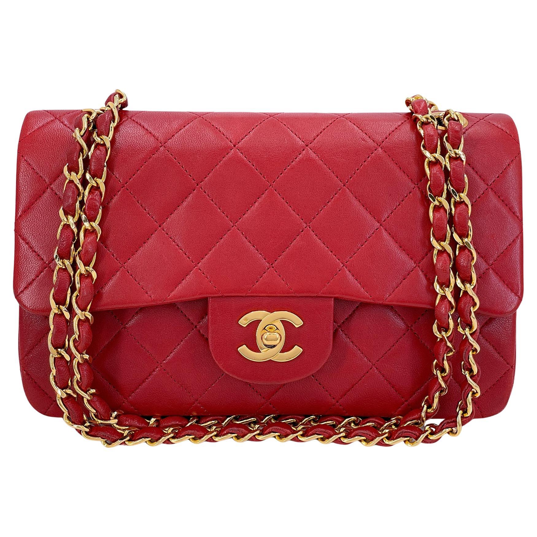 Chanel 1988 Vintage Red Small Classic Double Flap Bag 24k GHW Lambskin 68032 For Sale