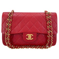 Chanel 1988 Vintage Red Small Classic Double Flap Bag 24k GHW Lambskin 68032