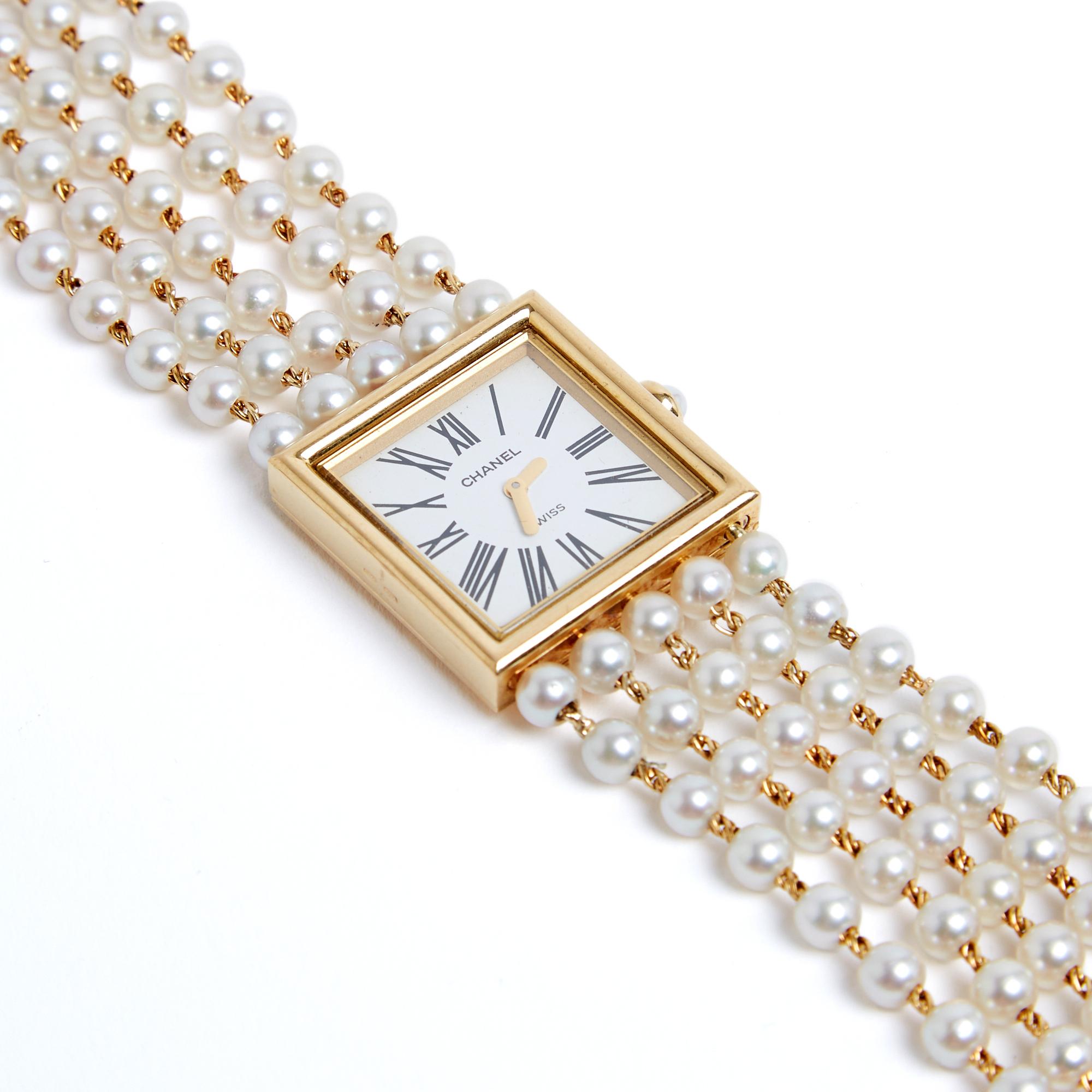 Perlina Chanel 1989 Montre Mademoiselle 16 cm Oro giallo Bracciale di perle Orologio M. I. in vendita