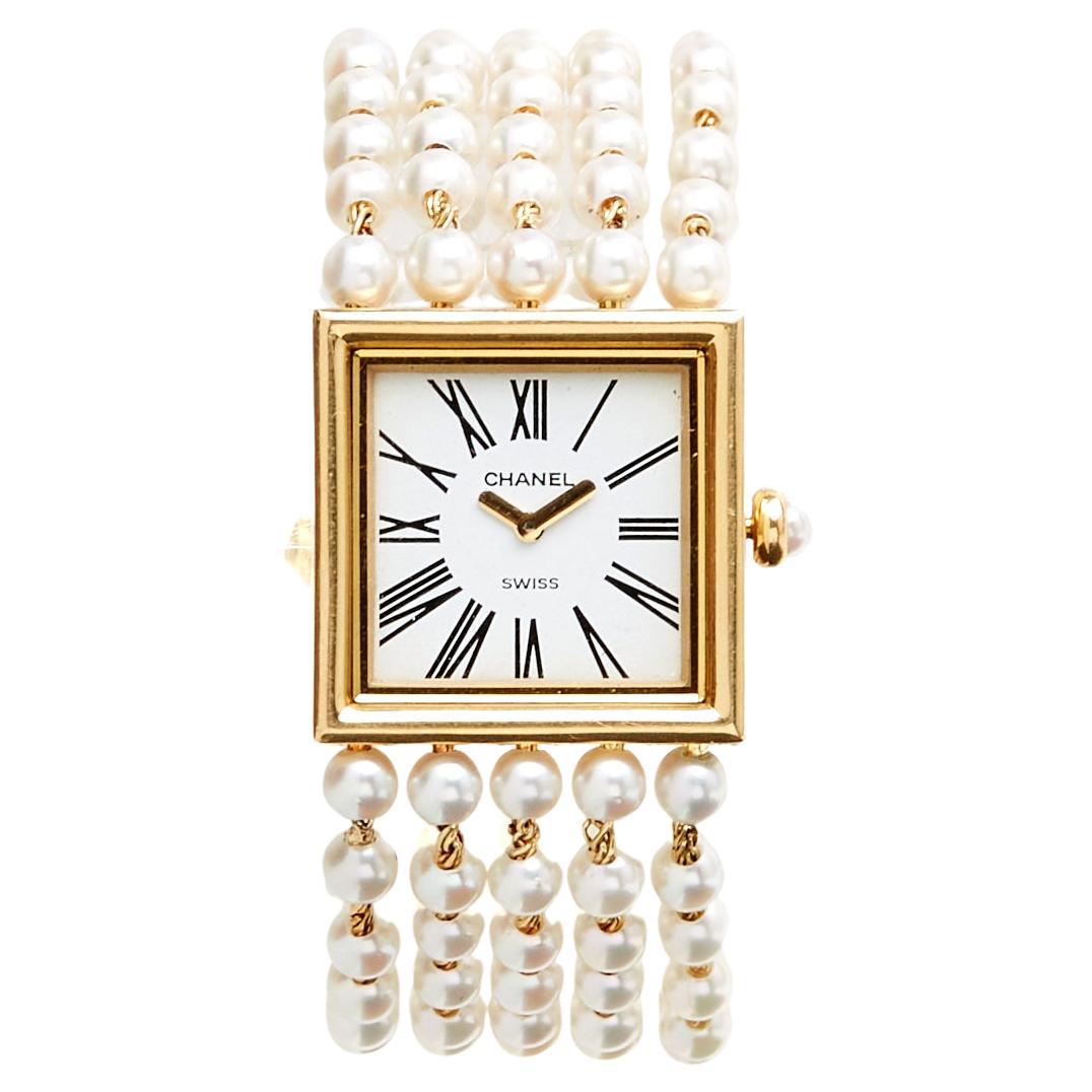 Chanel 1989 Montre Mademoiselle 16 cm Yellow Gold Pearls bracelet Watch M For Sale