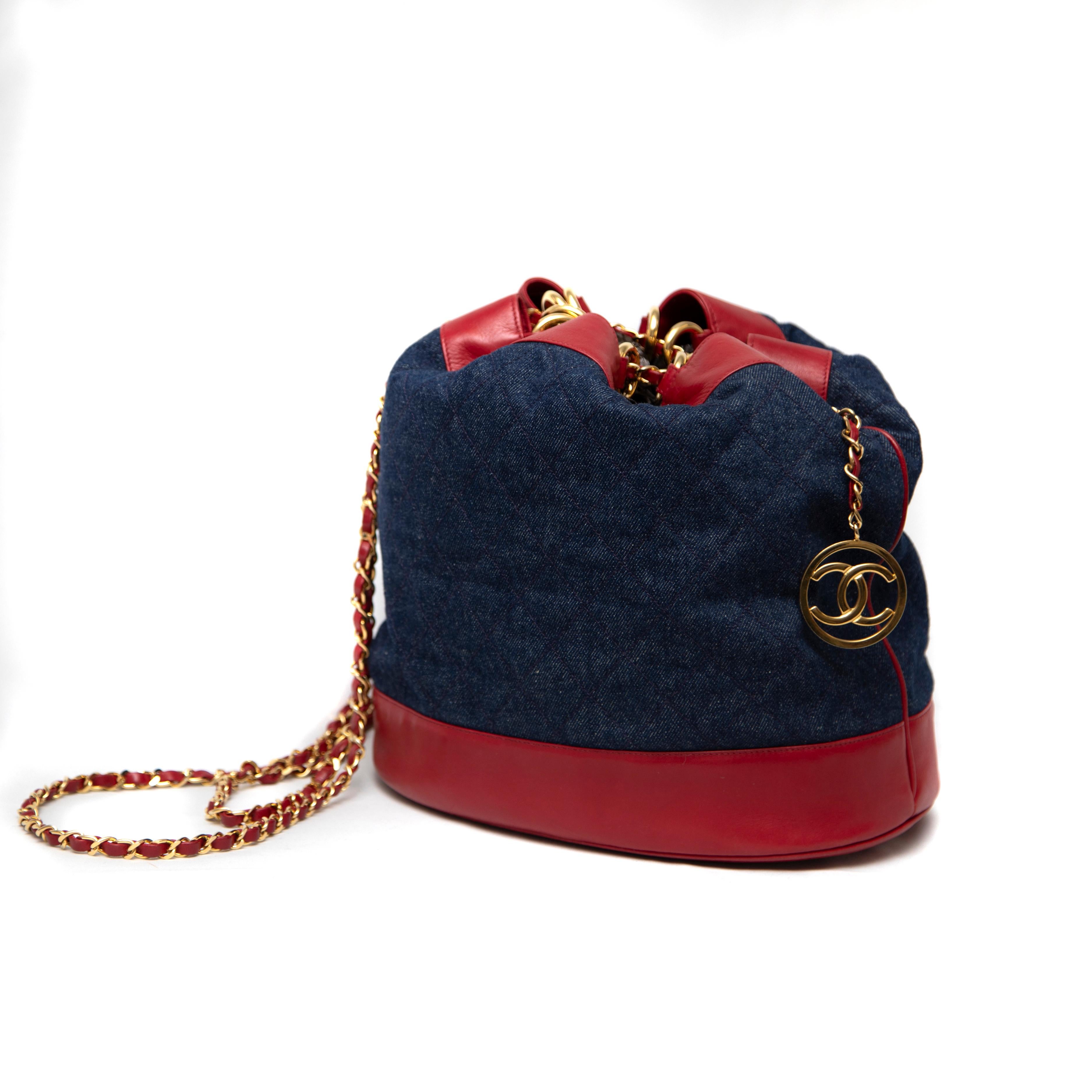 Black Chanel 1989 Quilted Denim and Red Lambskin Leather Bucket Bag