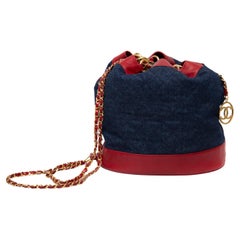 Chanel 1989 Quilted Denim and Red Lambskin Leather Bucket Bag