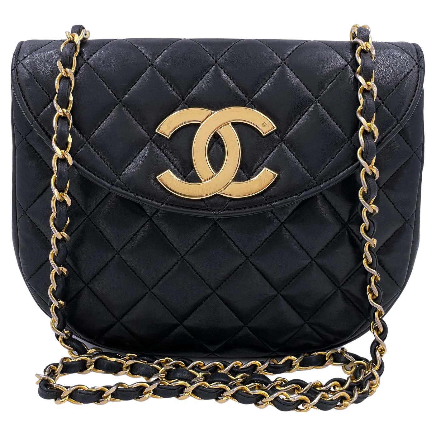 Chanel 1989 Vintage Round Half Moon Flap Bag 24k GHW Black 66952 For ...