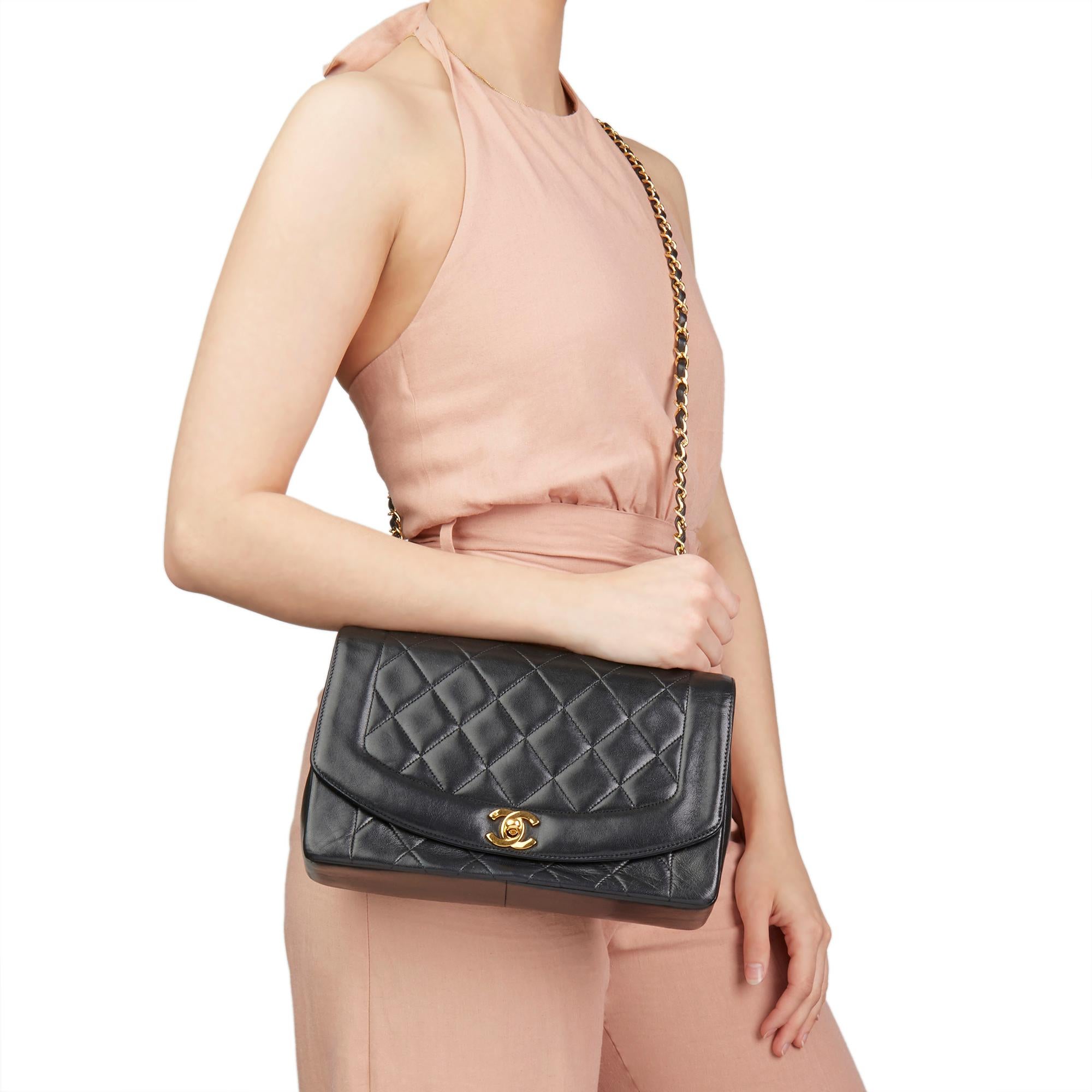 Chanel 1990 Black Quilted Lambskin Vintage Medium Diana Classic Single Flap Bag 8