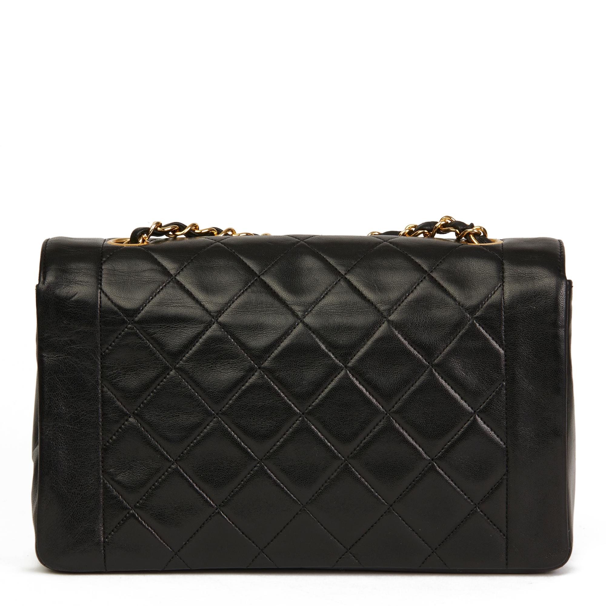 Women's Chanel 1990 Black Quilted Lambskin Vintage Medium Diana Classic Single Flap Bag