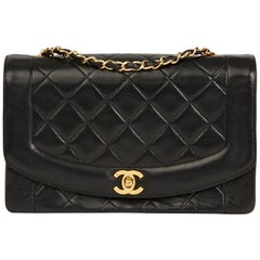 Chanel 1990 Black Quilted Lambskin Vintage Medium Diana Classic Single Flap Bag