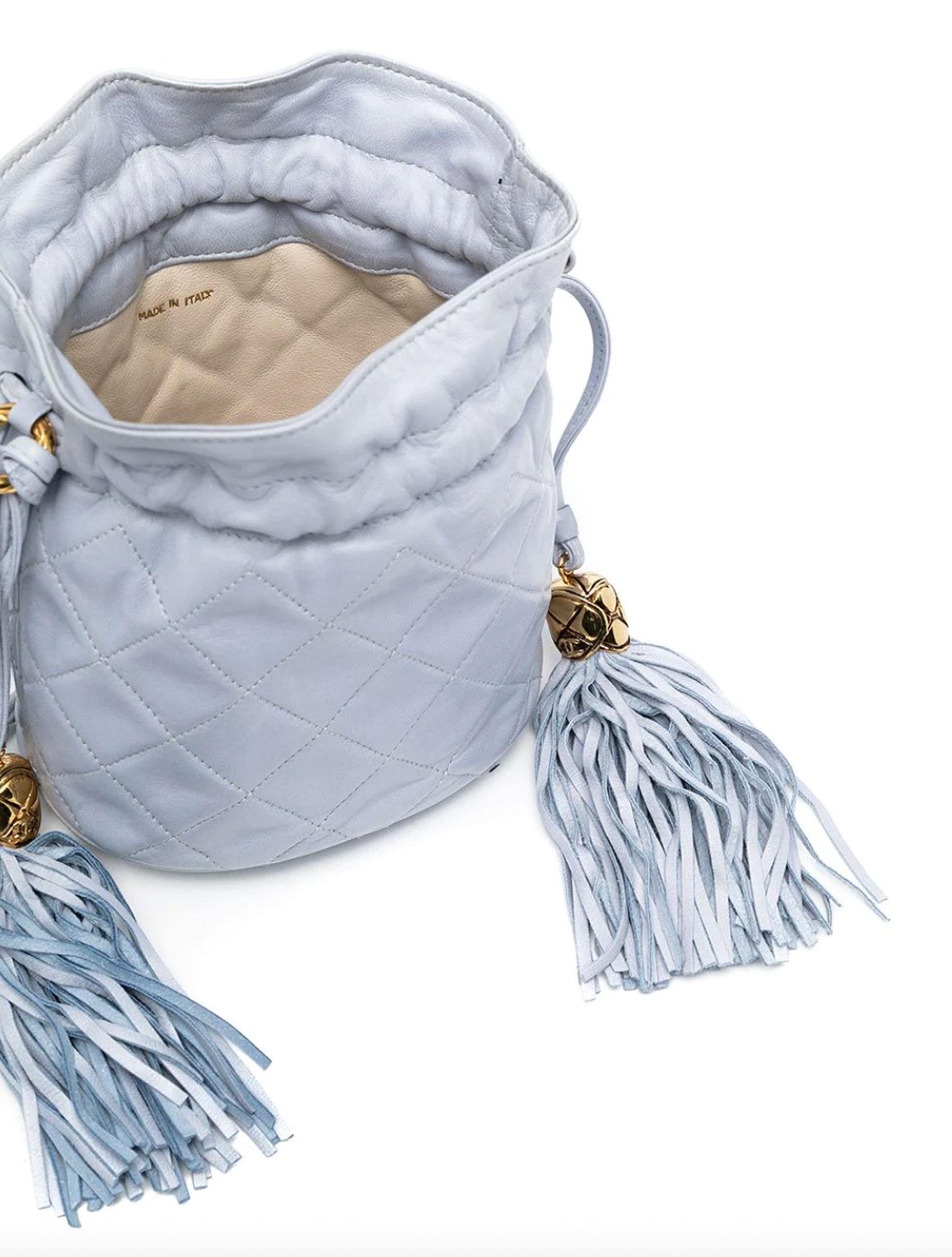 Gray Chanel 1990 Drawstring Bucket Quilted Two Tone Light Blue Lambskin Leather Hobo For Sale