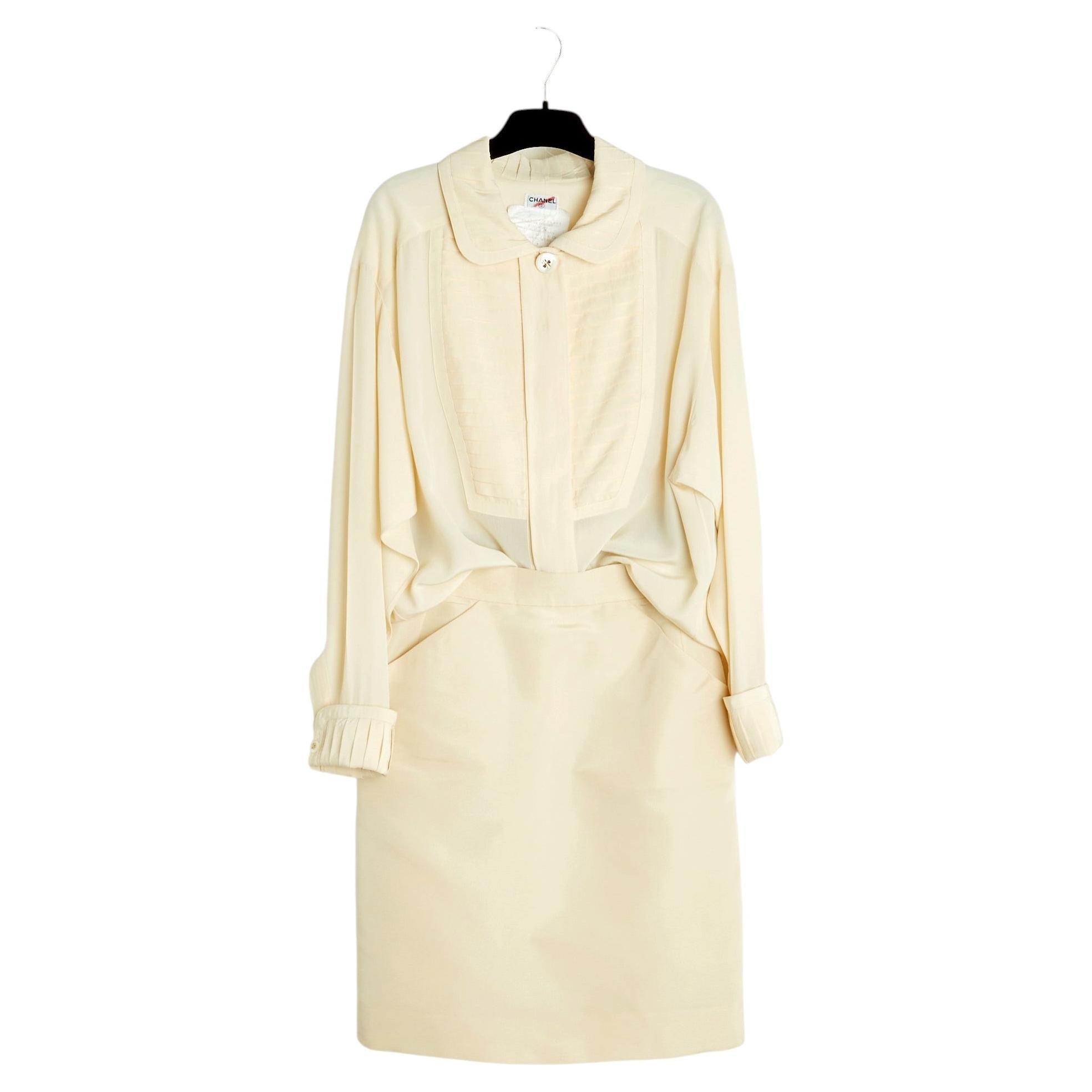 Chanel 1990 Ensemble Top et Jupe Soie FR36 Ecru Silk Blouse and Skirt UK8 US4 6