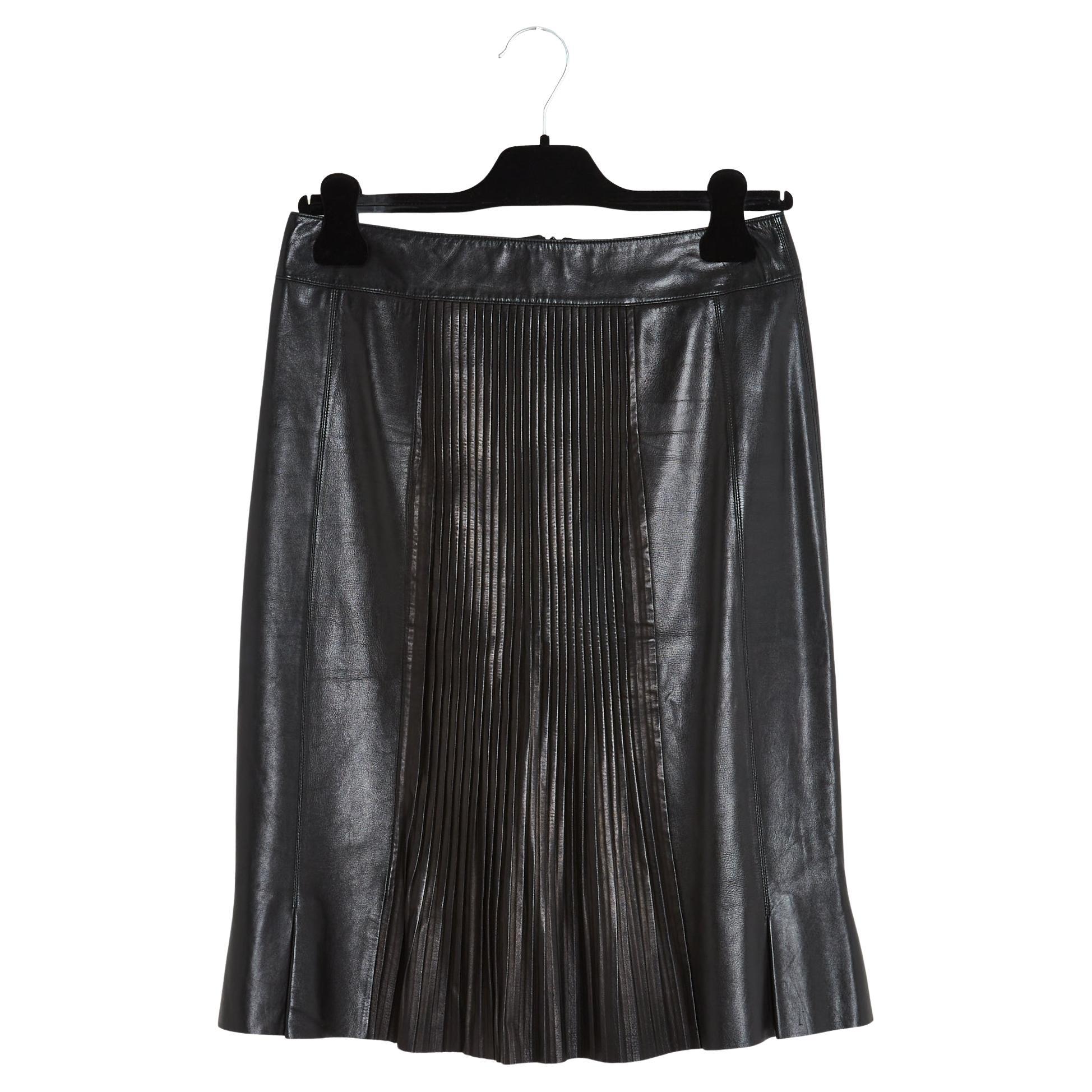 Chanel 1990 Jupe Cuir Plisse FR36 Black Leather Mini Pleats Skirt UK8 US6