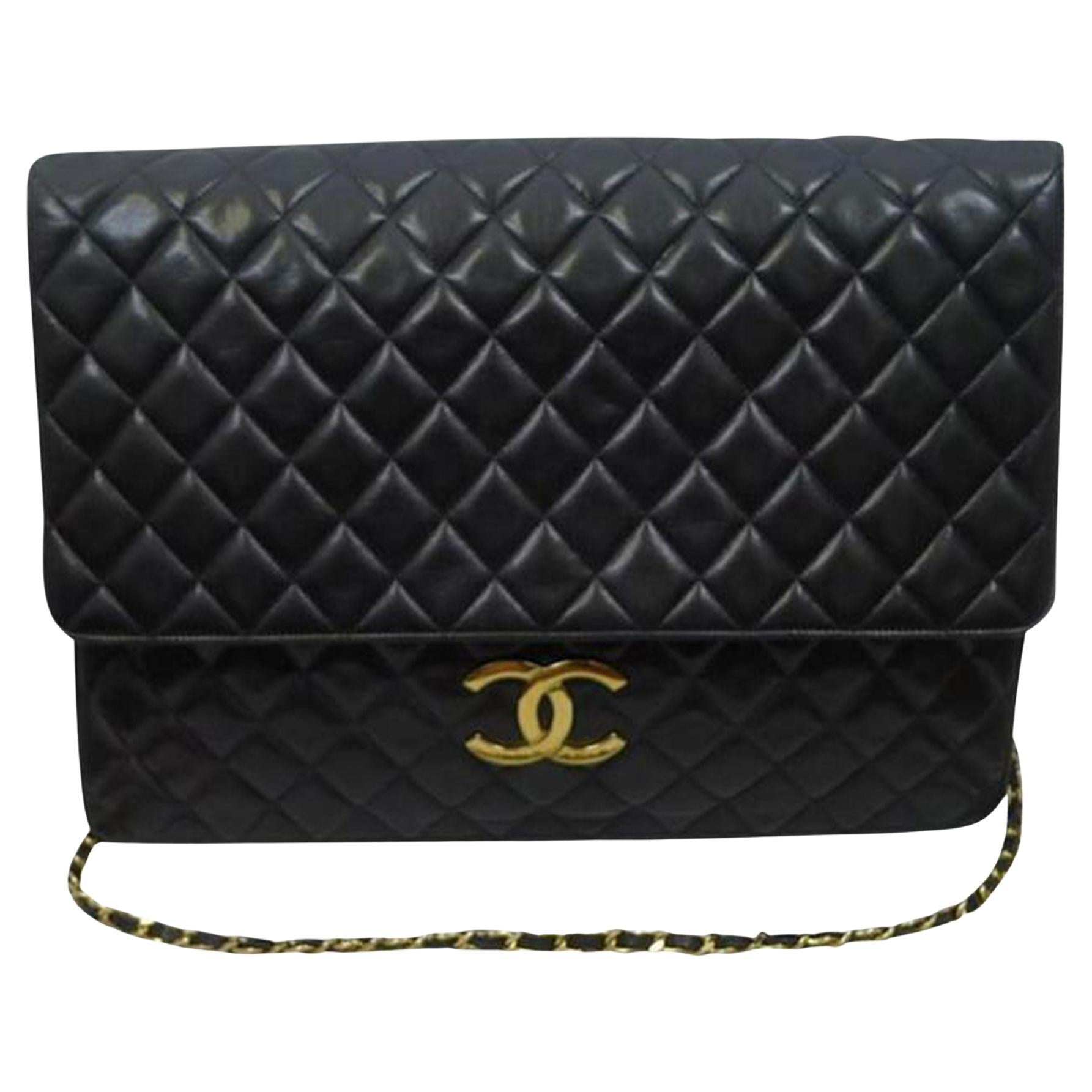 Noir Chanel 1990 Rare Jumbo Maxi XL Vintage Classic Flap Giant Clutch Briefcase en vente
