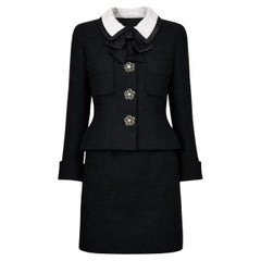 CHANEL 1990 Rares Black Tweed Suit with CC Giant Camellia Button 34 FR