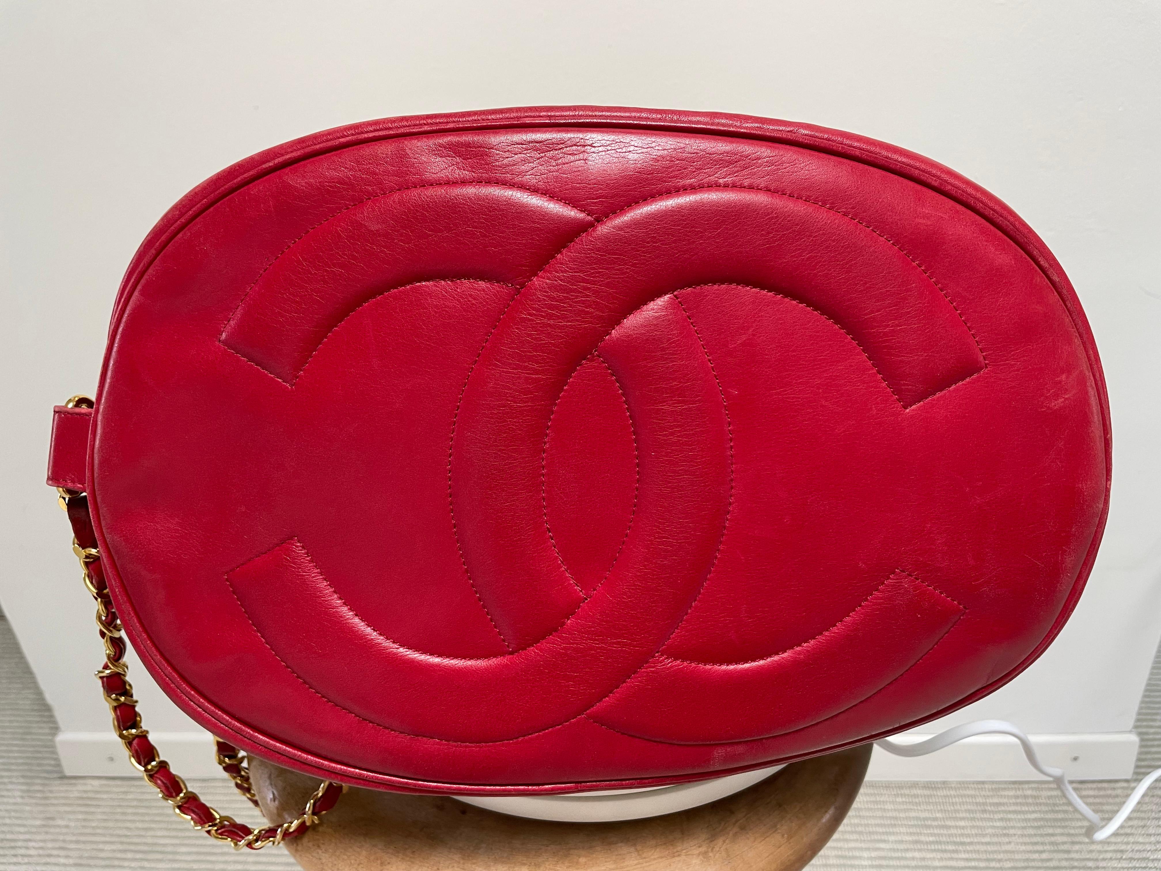 Chanel 1990 red lambskin and canvas crossbody bag, iconic leather chain, France For Sale 13