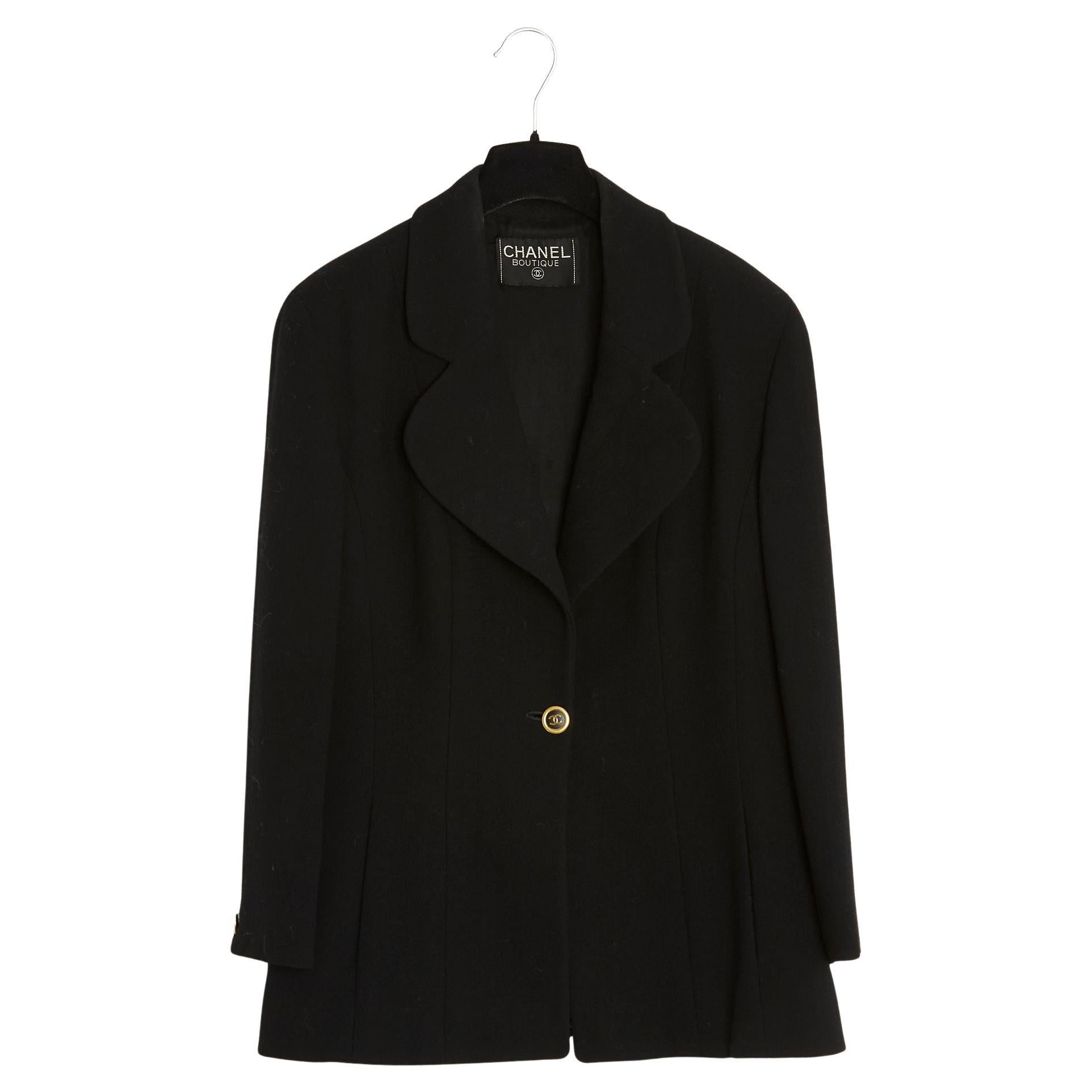 Chanel 1990 Veste Jupe FR42 Fine anni '80 Classico Nero CC Ensemble UK14 US12 in vendita
