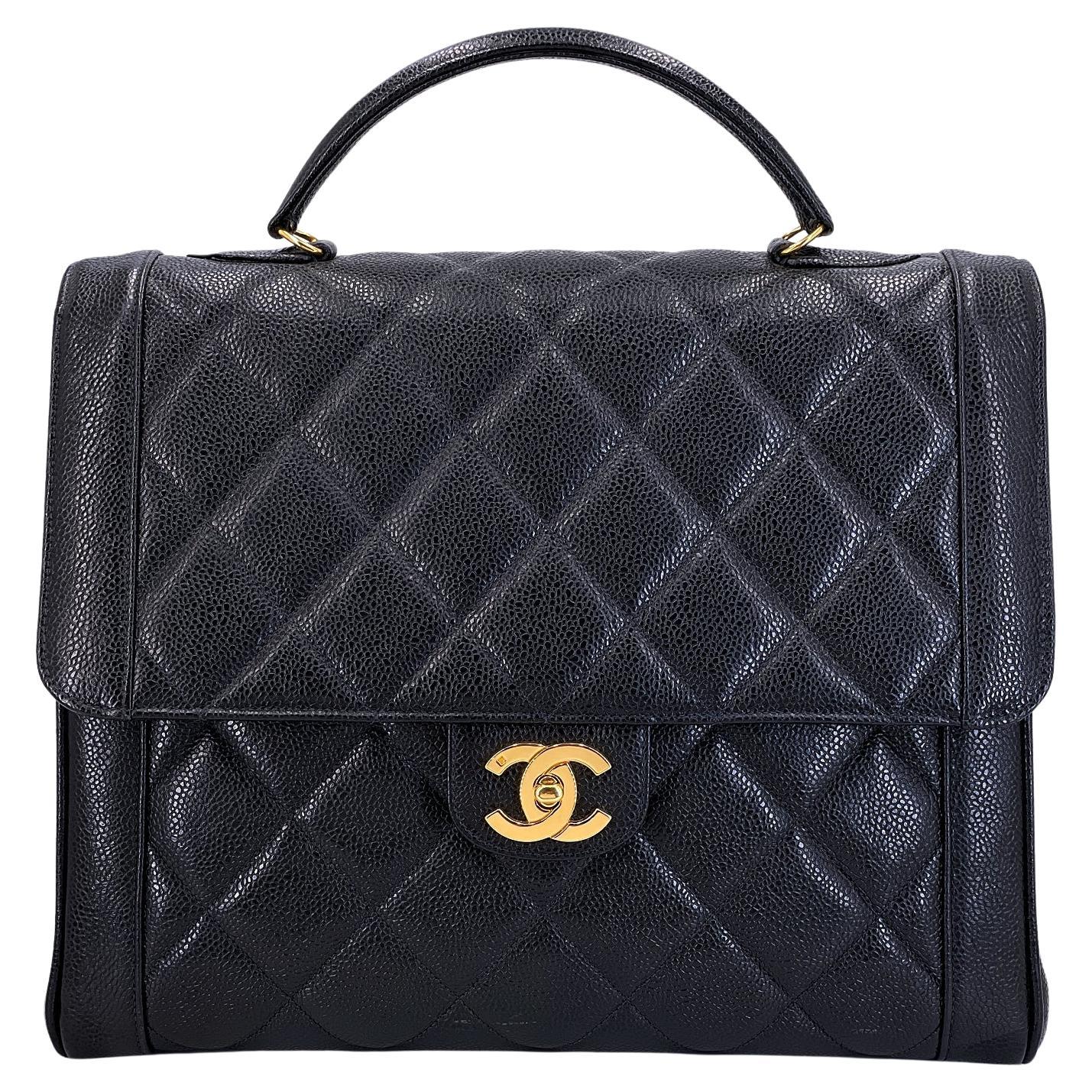 Chanel 1990 Vintage Noir Caviar Mademoiselle Jumbo Kelly Bag 24k GHW 68785 en vente