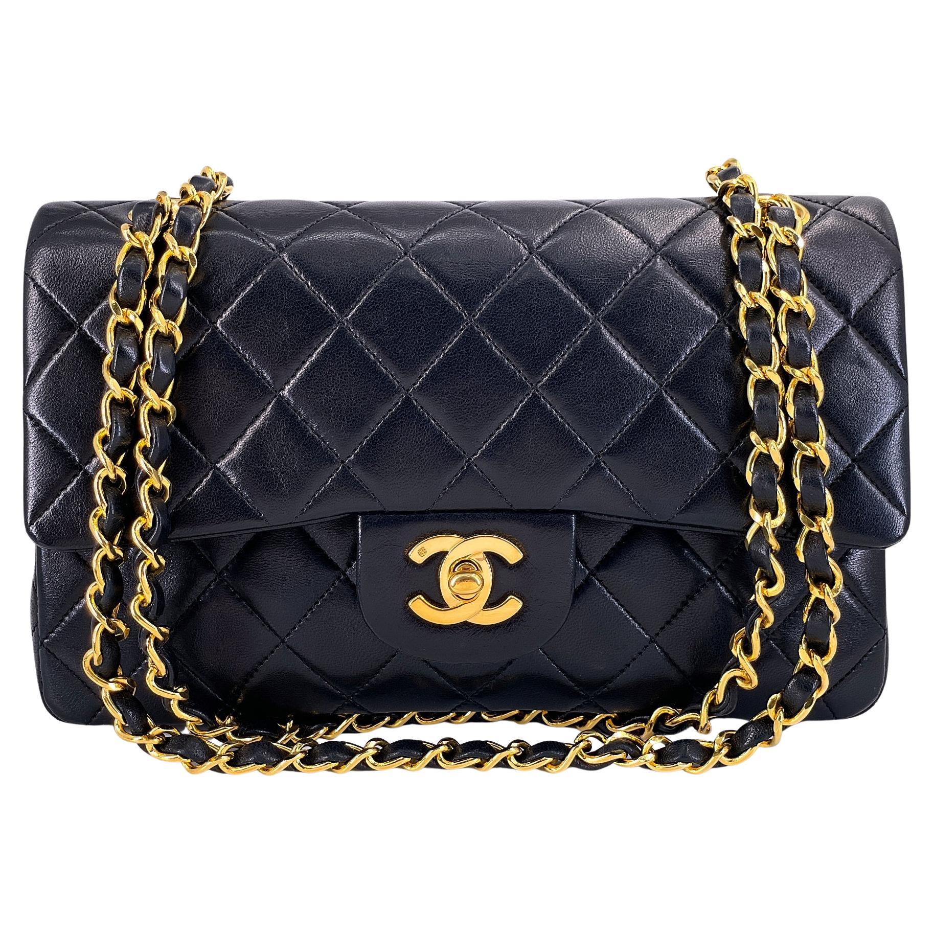 Chanel 1990 Vintage Black Lambskin Small Classic Double Flap Bag 24k GHW 65189