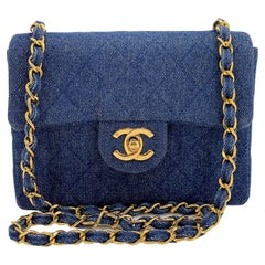 Chanel 1990 Vintage Dark Blue Denim Square Mini Flap Bag 24k GHW 66634