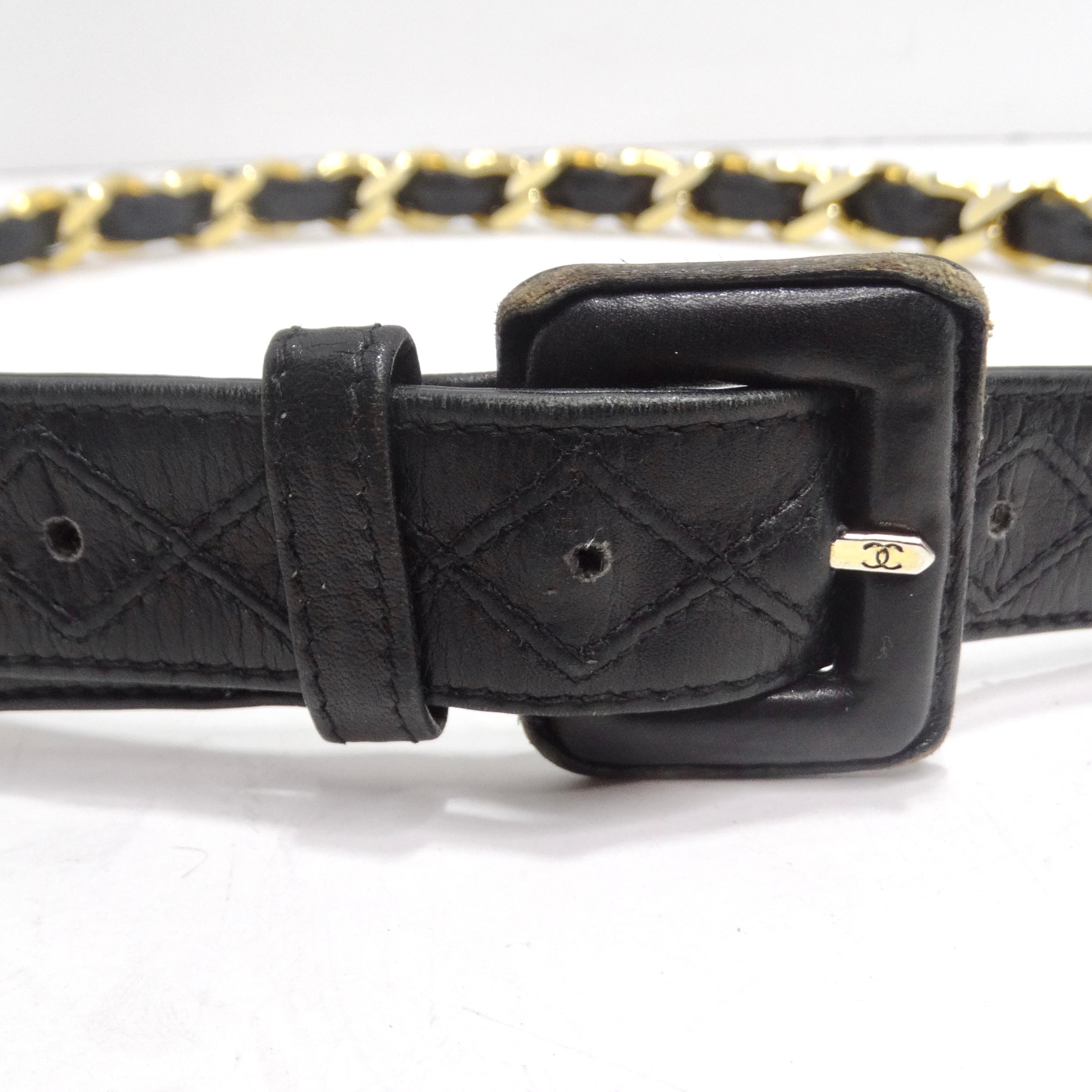 Elevate your style with the Chanel 1990s 31 Rue Cambon Black Leather Chain Belt – a signature Chanel piece that exudes timeless chic. This belt features the iconic Chanel gold-plated chain with black intertwined leather, complemented by a classic