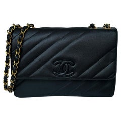 Vintage Chanel 1990s Black Caviar Leather Diagonal Quilted CC Flap Bag