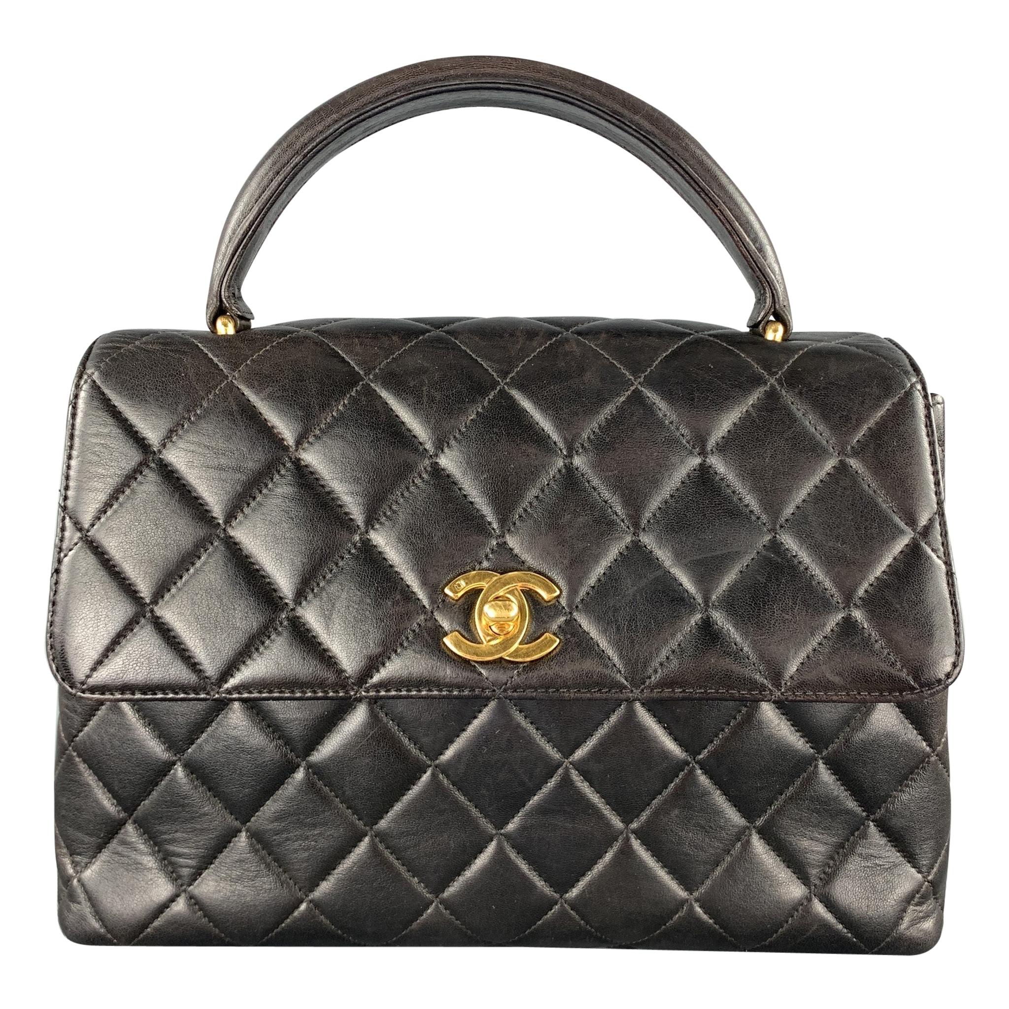 CHANEL 1990's Black Quilted Leather COCO HANDLE CC Handbag Bag
