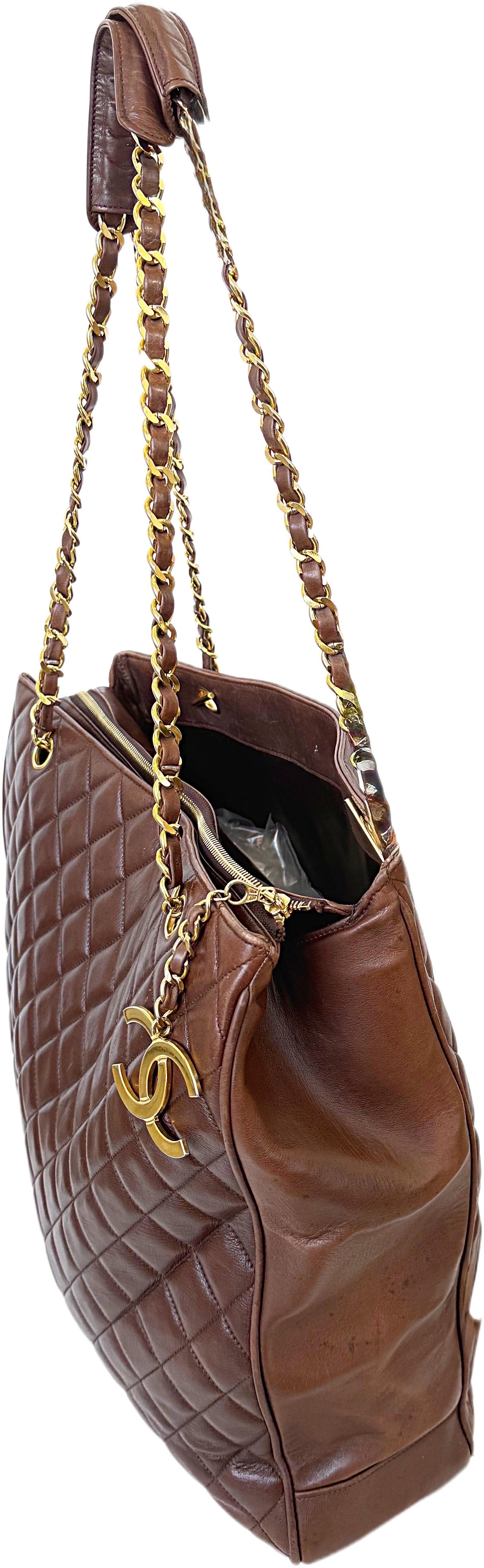 Rare Chanel 1990s Brown Jumbo XL Lambskin Vintage 90s Tote Shoulder Bag Purse For Sale 6