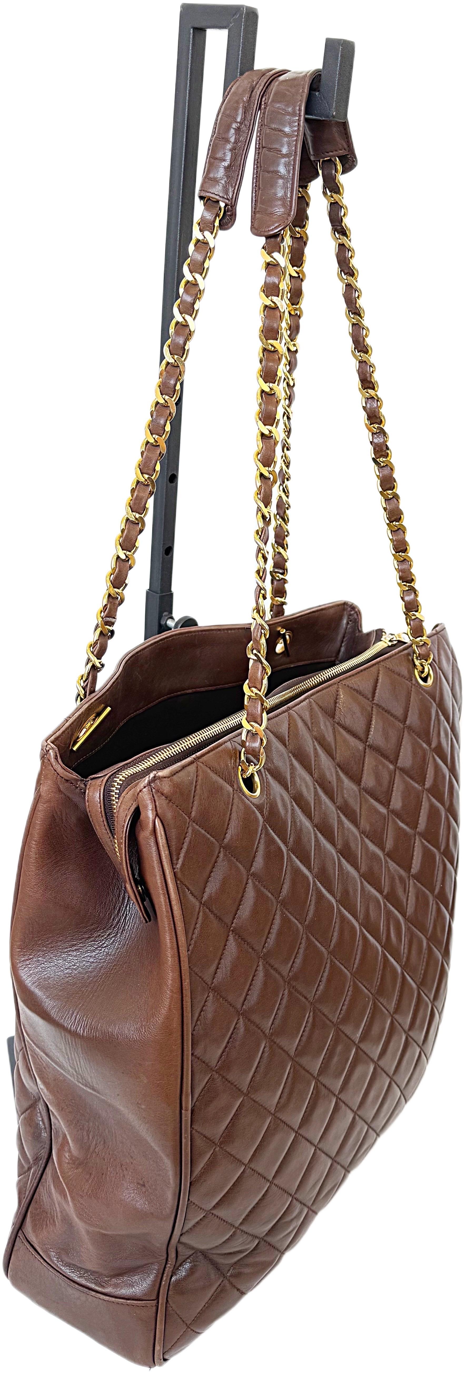 Rare Chanel 1990s Brown Jumbo XL Lambskin Vintage 90s Tote Shoulder Bag Purse For Sale 7