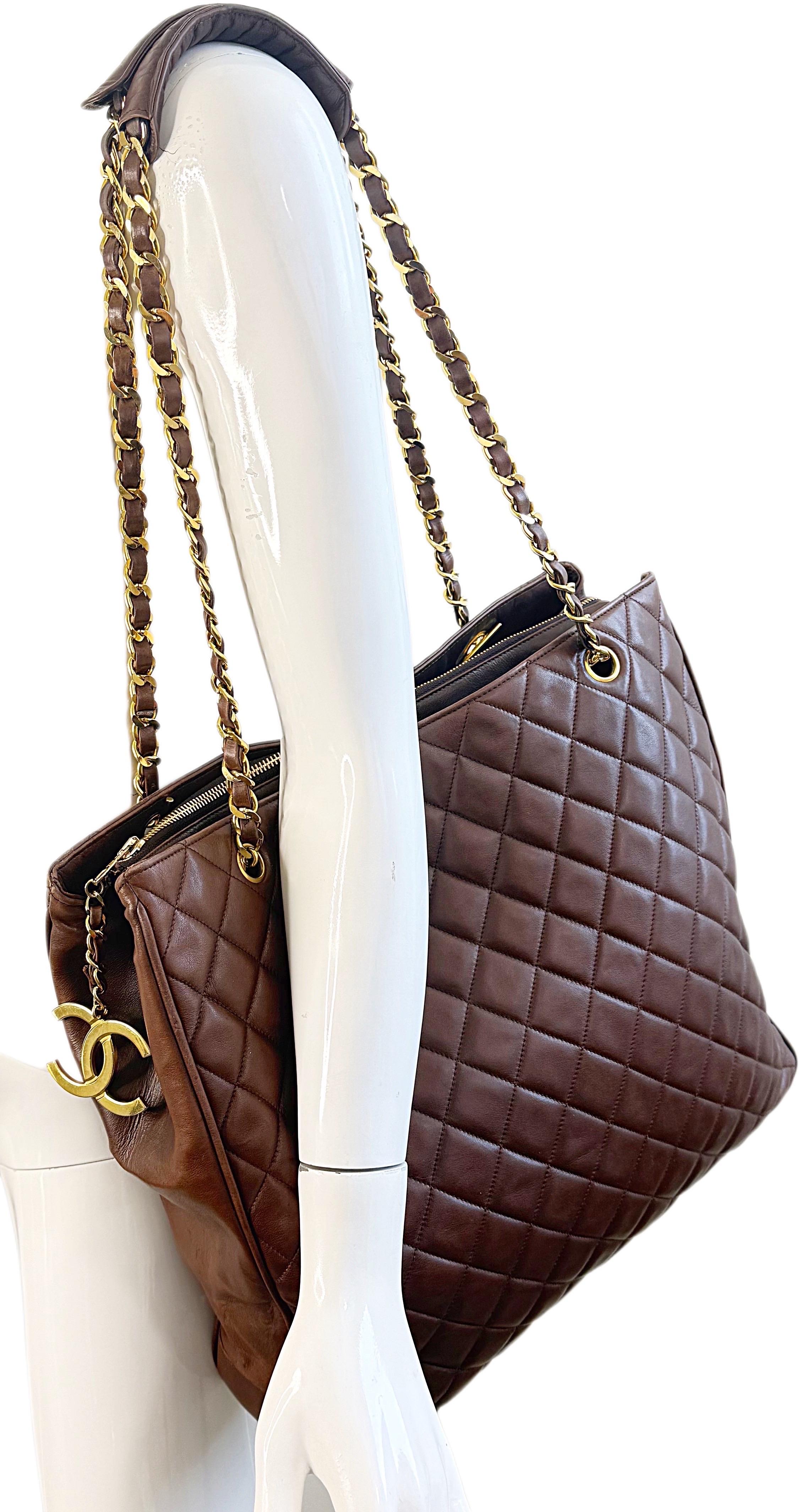 Rare Chanel 1990s Brown Jumbo XL Lambskin Vintage 90s Tote Shoulder Bag Purse For Sale 8