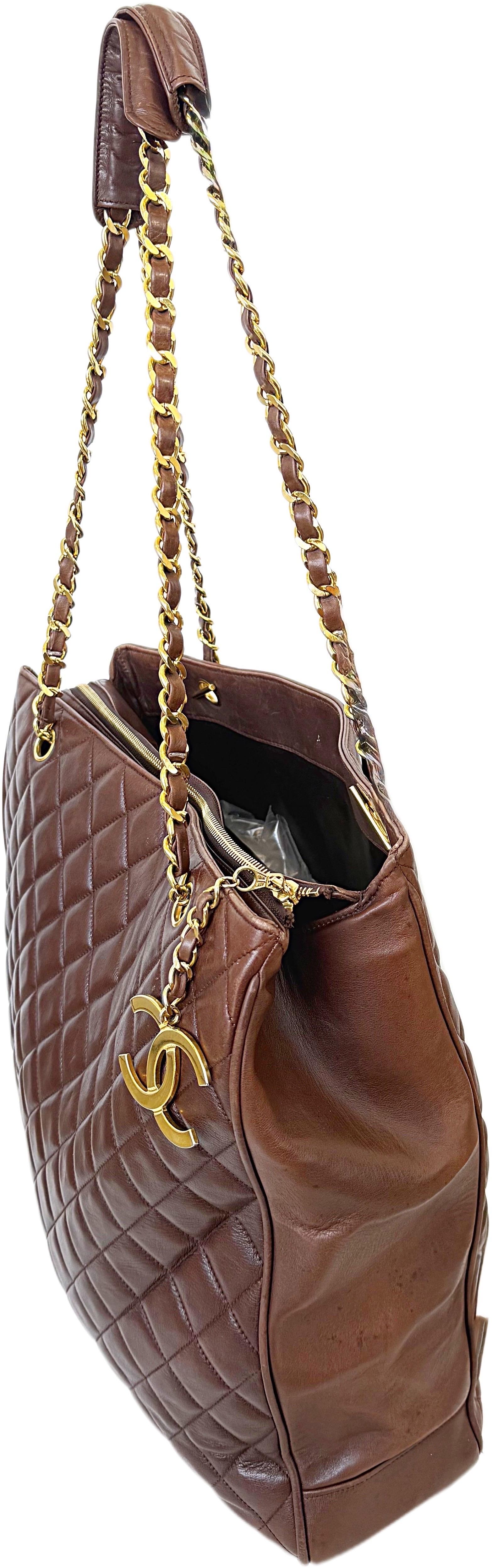 Rare Chanel 1990s Brown Jumbo XL Lambskin Vintage 90s Tote Shoulder Bag Purse For Sale 9