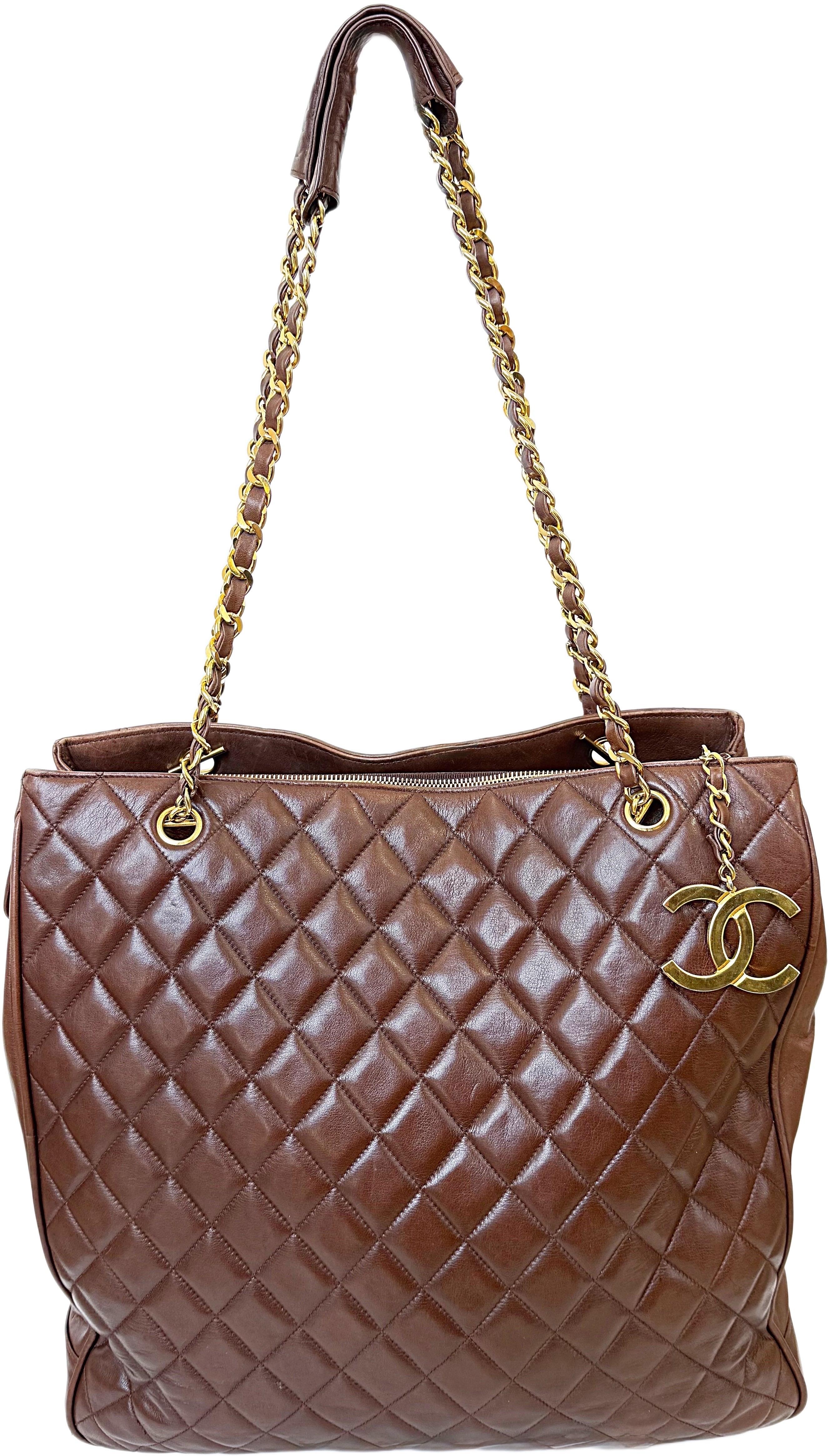 Rare Chanel 1990s Brown Jumbo XL Lambskin Vintage 90s Tote Shoulder Bag Purse For Sale 11