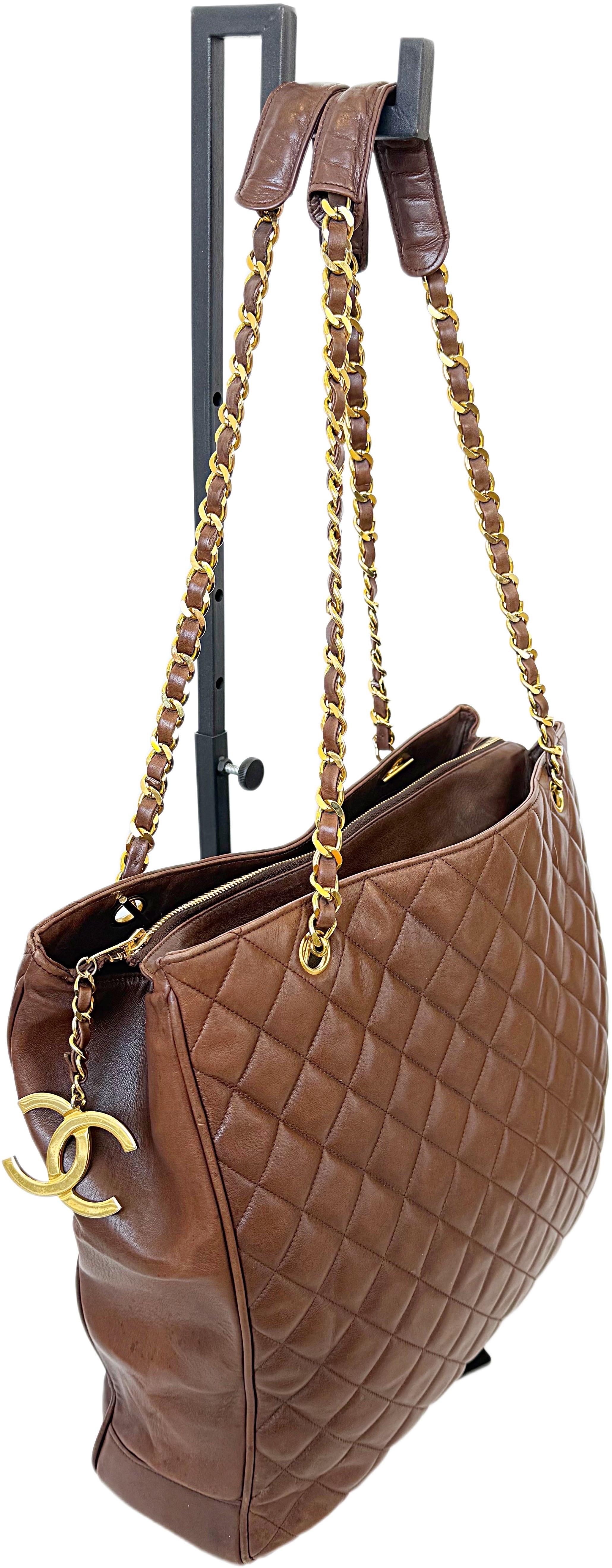 Rare Chanel 1990s Brown Jumbo XL Lambskin Vintage 90s Tote Shoulder Bag Purse In Good Condition For Sale In San Diego, CA