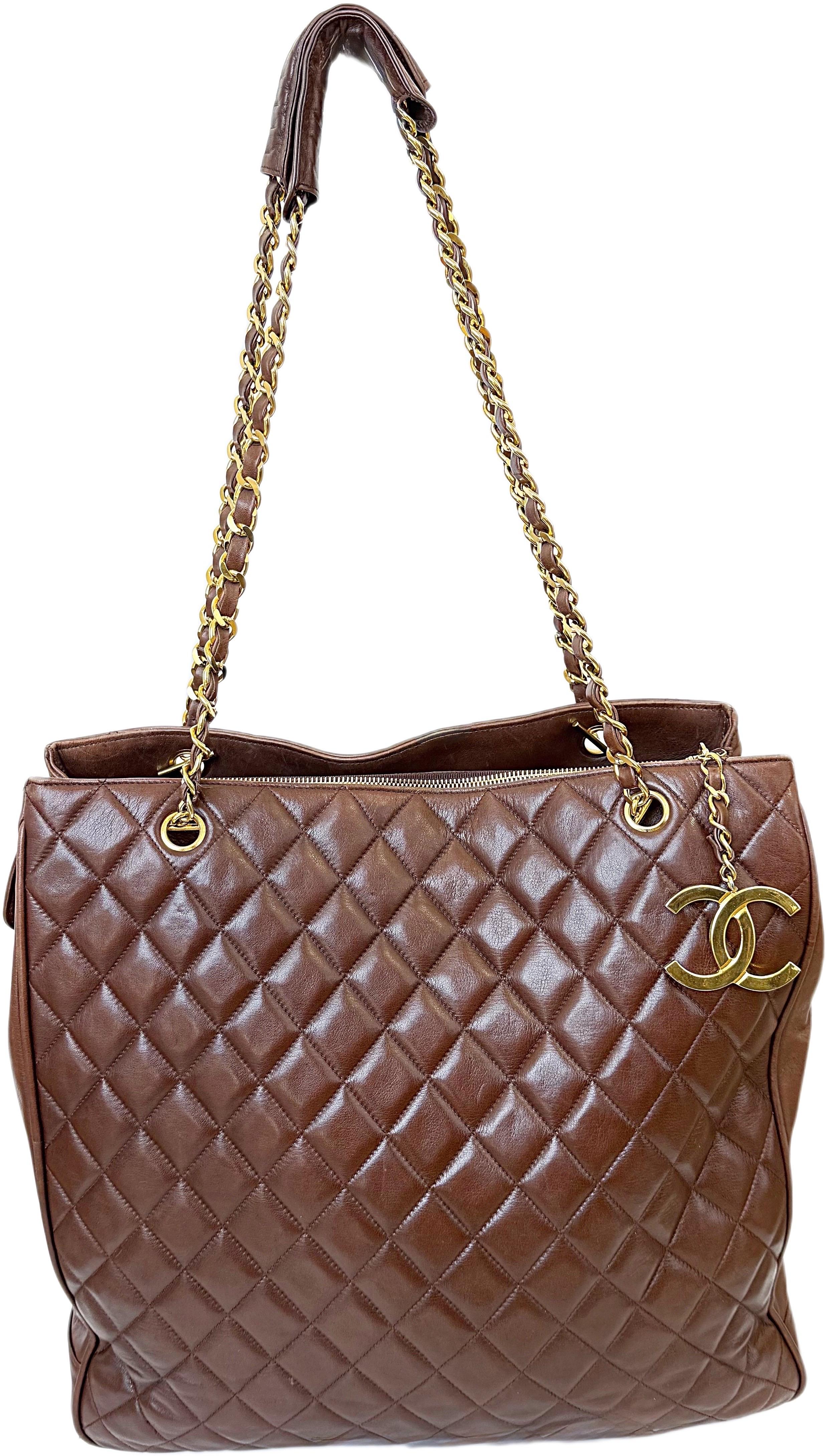 Rare Chanel 1990s Brown Jumbo XL Lambskin Vintage 90s Tote Shoulder Bag Purse For Sale 1