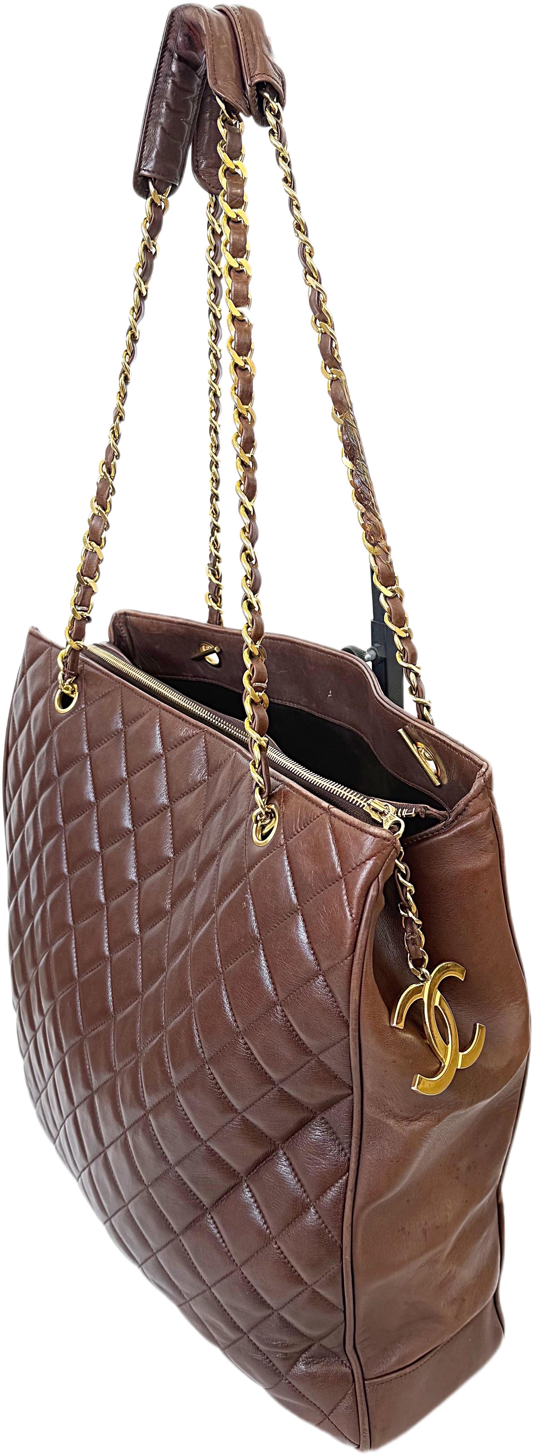 Rare Chanel 1990s Brown Jumbo XL Lambskin Vintage 90s Tote Shoulder Bag Purse For Sale 2