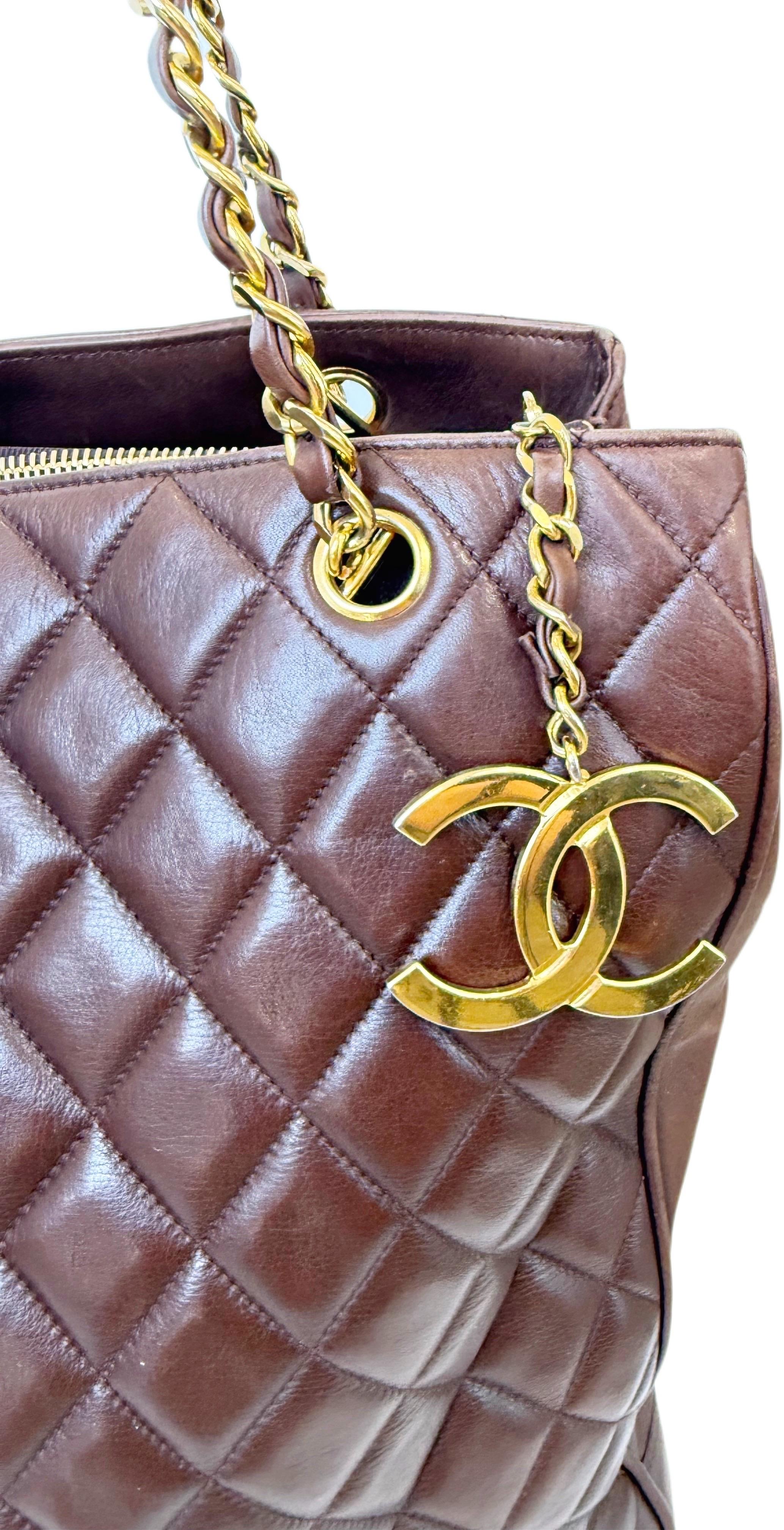 Rare Chanel 1990s Brown Jumbo XL Lambskin Vintage 90s Tote Shoulder Bag Purse For Sale 3