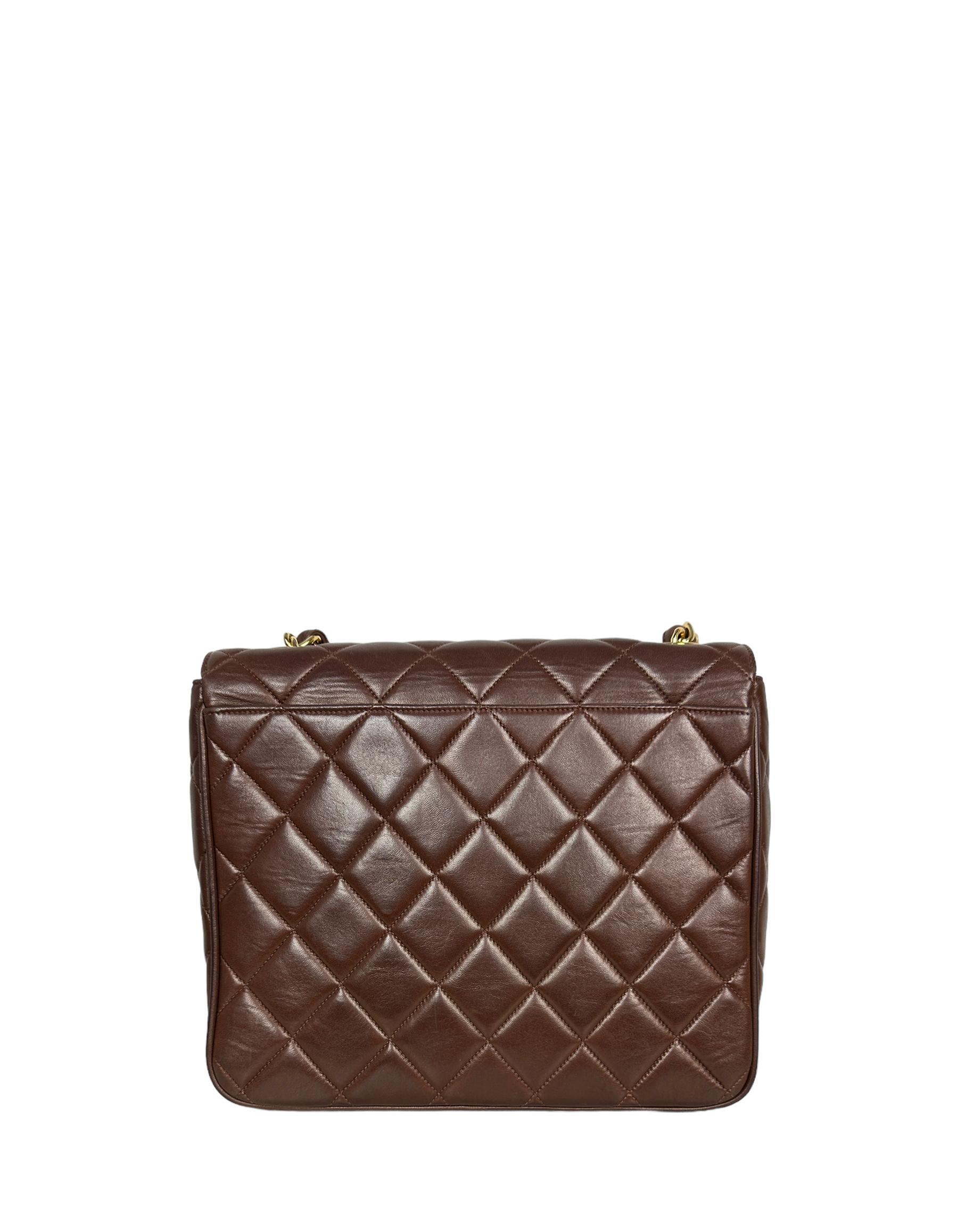 Chanel 1990s Brown Lambskin Leather CC Maxi Flap Messenger Bag In Good Condition In New York, NY