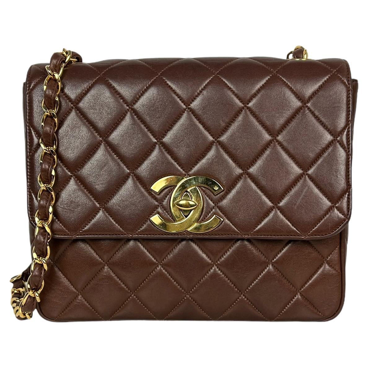 Chanel 1990s Brown Lambskin Leather CC Maxi Flap Messenger Bag