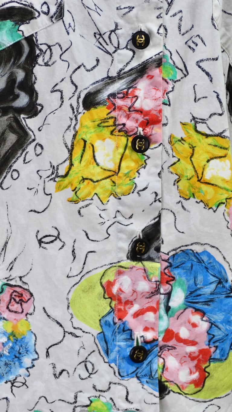Chanel 1990's CC Buttons Abstract Print Blouse For Sale at 1stDibs