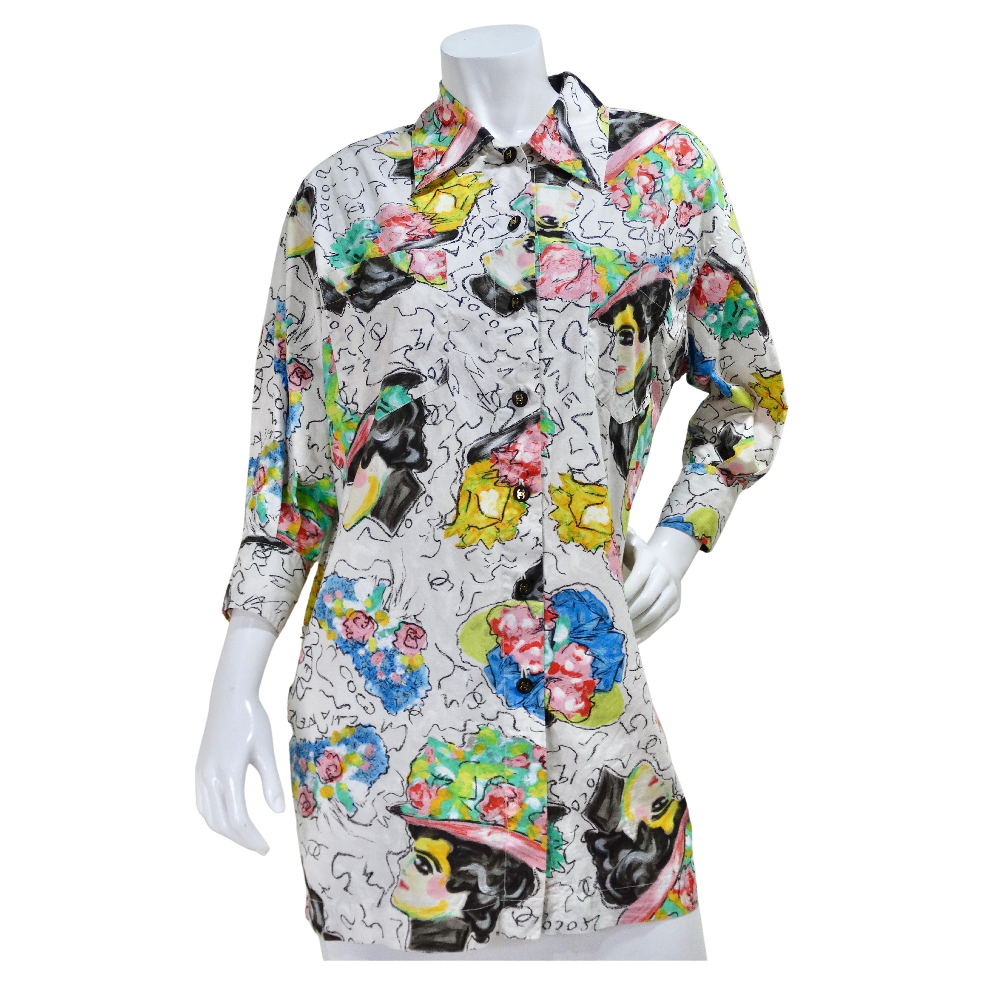 Chanel 1990's CC Buttons Abstract Print Blouse For Sale