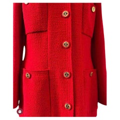 Used CHANEL 1990s CC-Buttons Single-Breasted Jacket Suit Red Tweed Bouclé