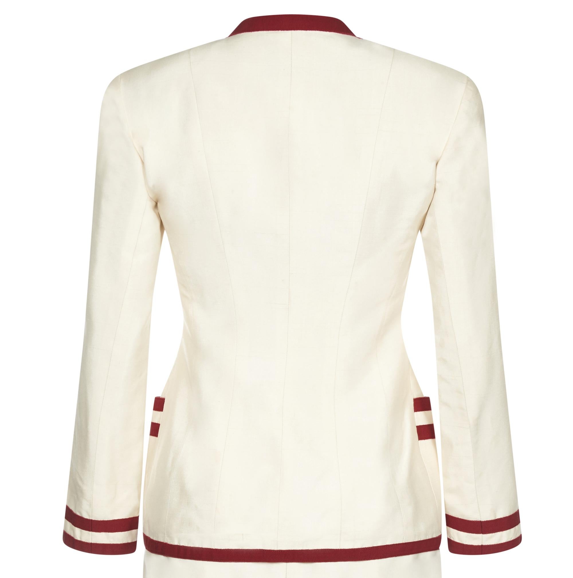 Chanel 1990s Cream Silk Suit with Red Ribbon Grosgrain Trim In Excellent Condition In London, GB