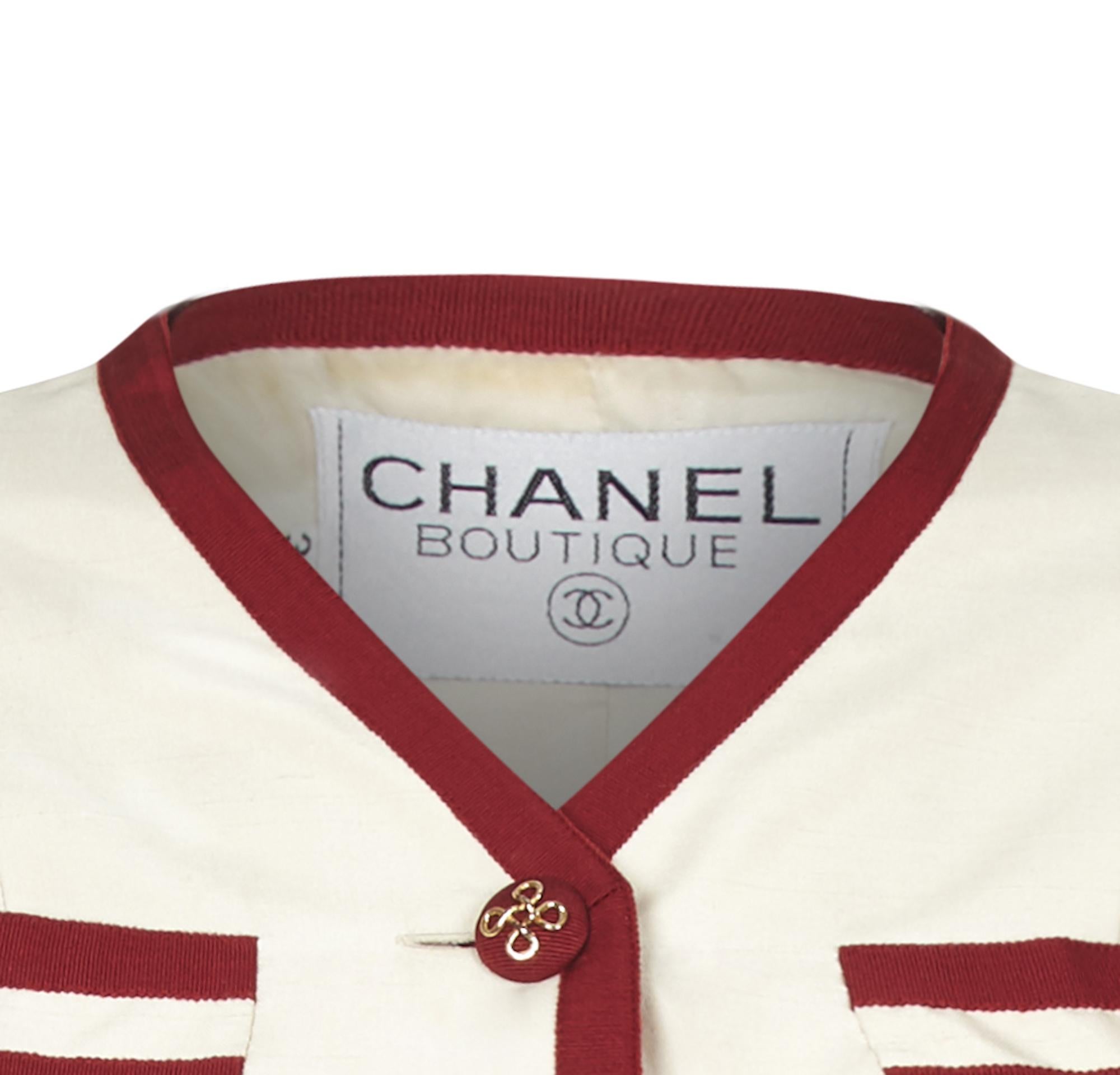 Chanel 1990s Cream Silk Suit with Red Ribbon Grosgrain Trim 1