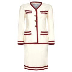 Chanel 1990s Cream Silk Suit with Red Ribbon Grosgrain Trim