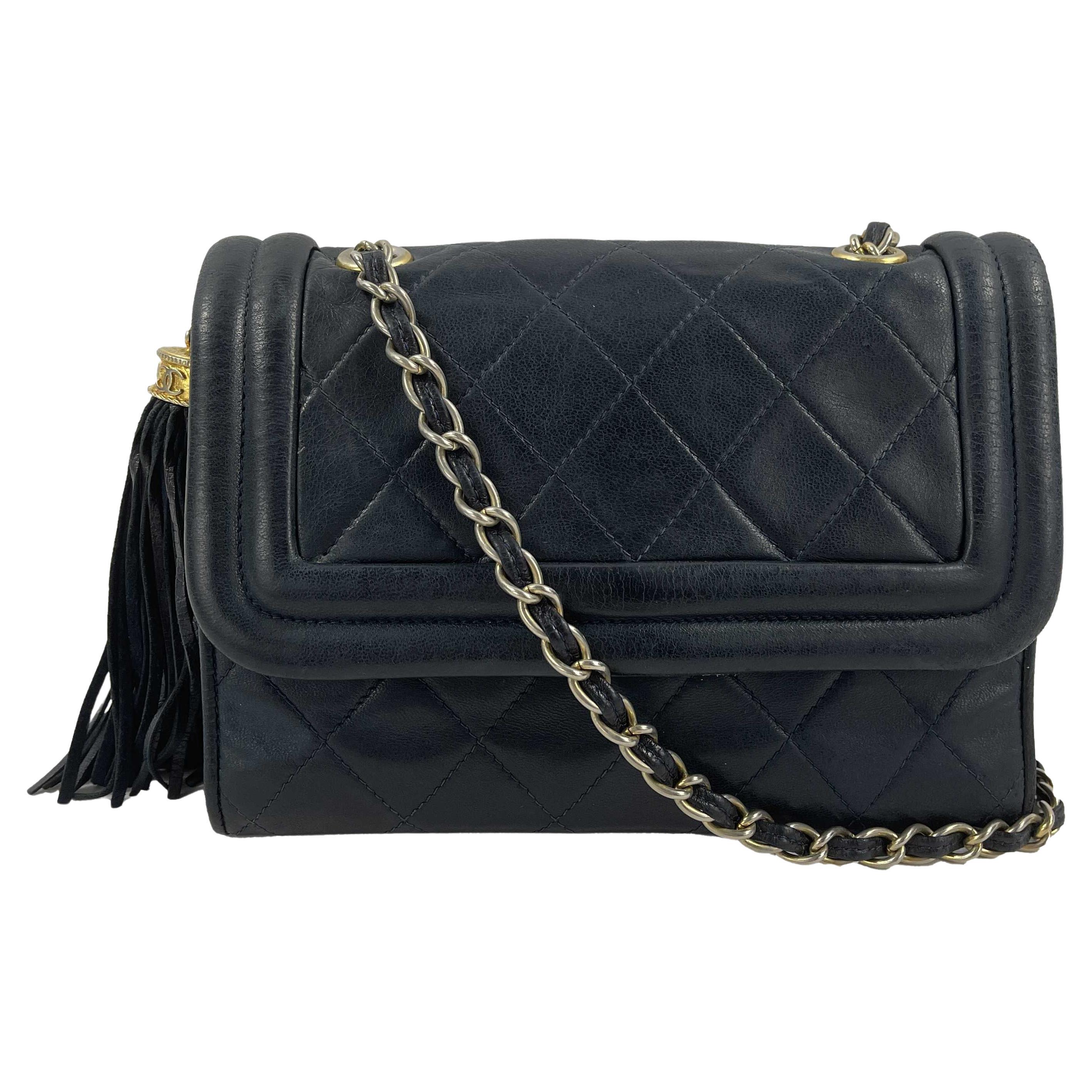 CHANEL 1990s Diamond Quilted Navy CC Tassel Small Shoulder