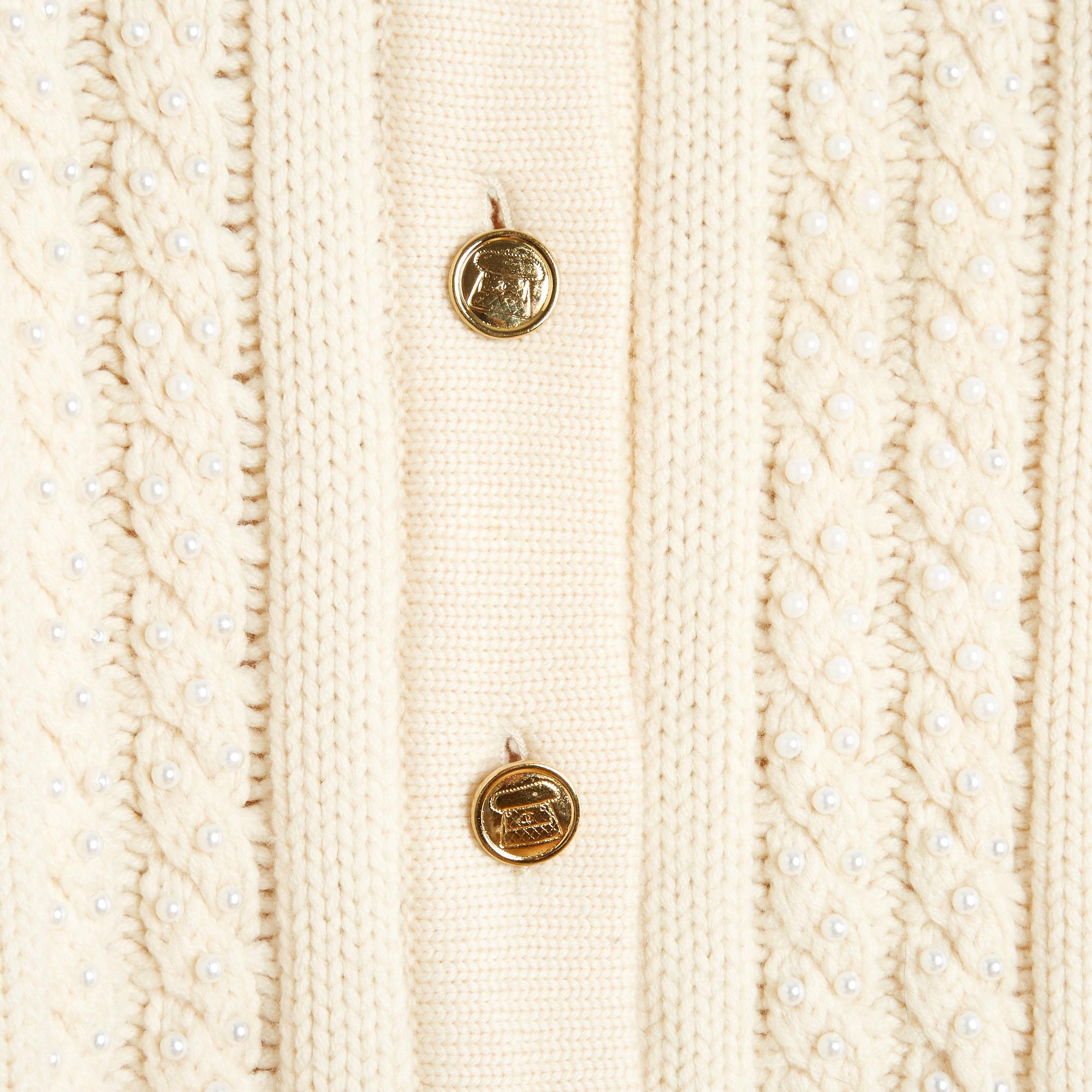 Chanel 1990 Gilet Perles FR40 Ecru Perles et tresses de laine Cardigan UK12 US10 Pour femmes en vente