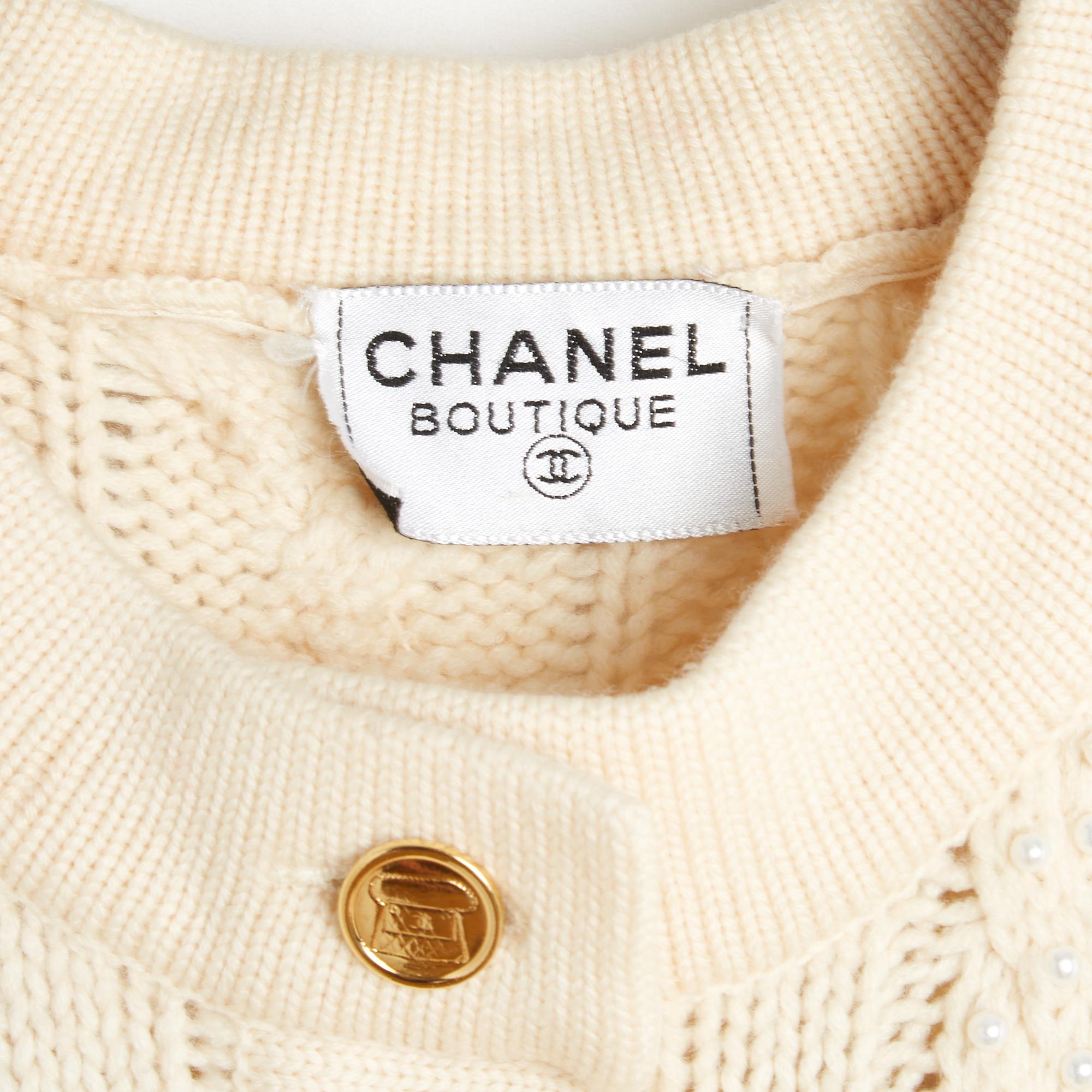 Chanel 1990 Gilet Perles FR40 Ecru Perles et tresses de laine Cardigan UK12 US10 en vente 1