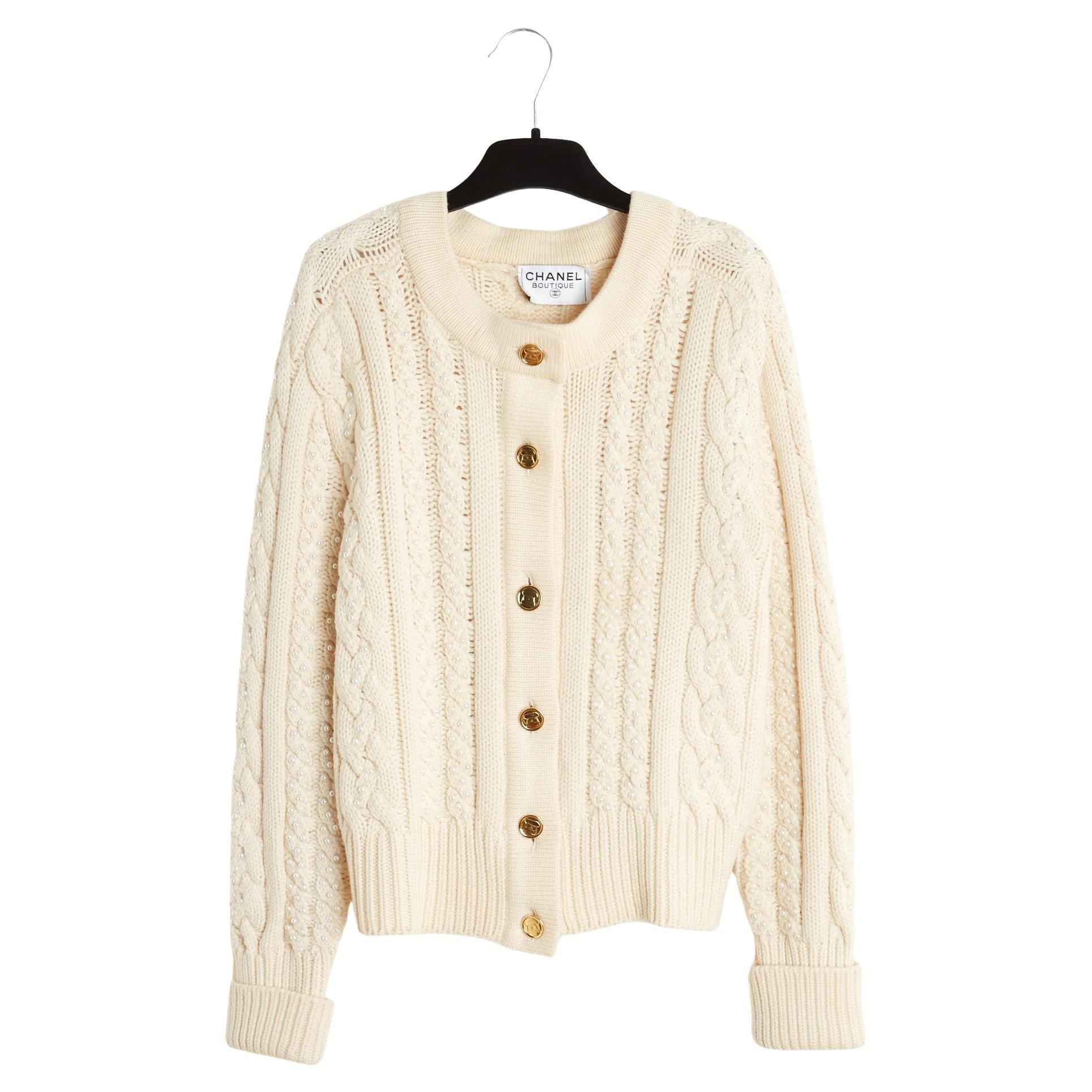 Chanel 1990 Gilet Perles FR40 Ecru Perles et tresses de laine Cardigan UK12 US10 en vente